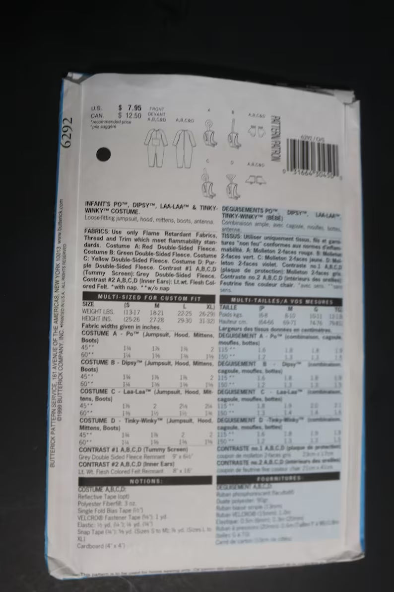 Butterick 6292 Tele Tubbies Infants Po Dipsy Laa Laa and Tinky Winky Costume Sewing Pattern - UNCUT - Size S M L XL