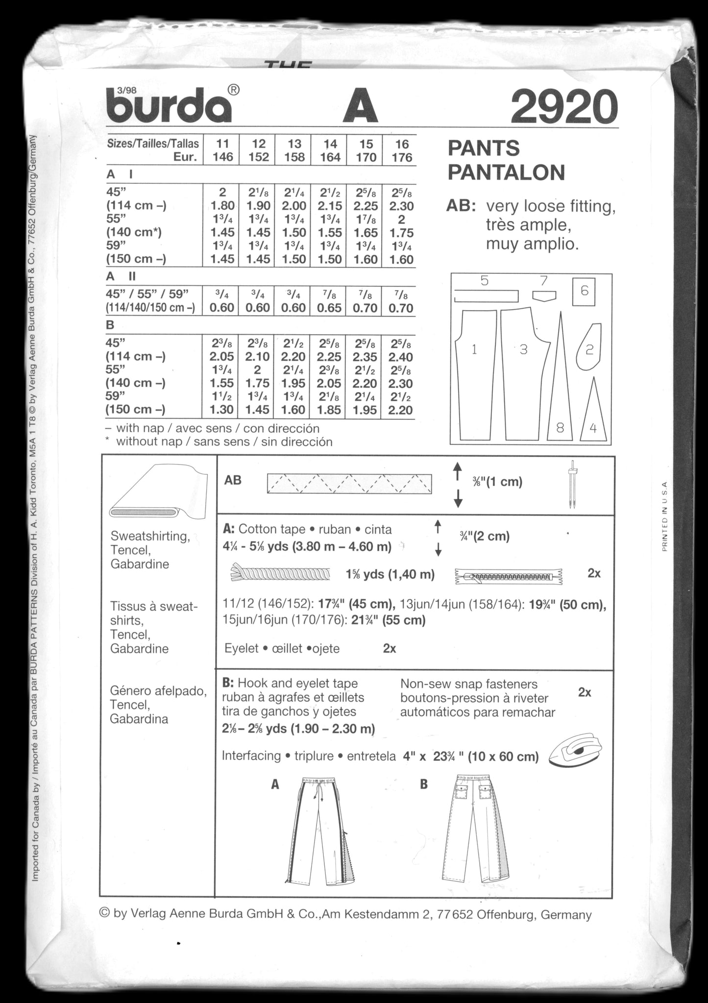 Burda 2920 Boys Girls Wide Legged Pants Sewing Pattern - UNCUT Size 11 12 13jun 14jun 15jun 16jun