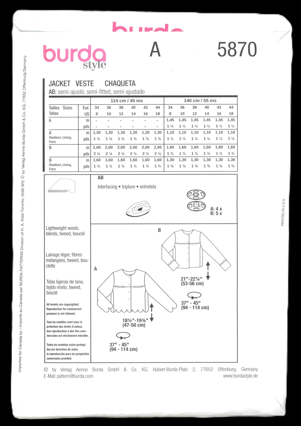 Burda 5870 Misses Jacket Sewing Pattern - UNCUT - Size 8 - 18
