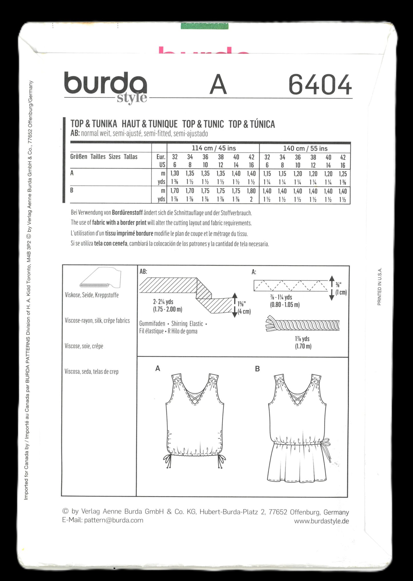 Burda 6404 Misses Top and Tunic Sewing Pattern UNCUT Size 6 - 16