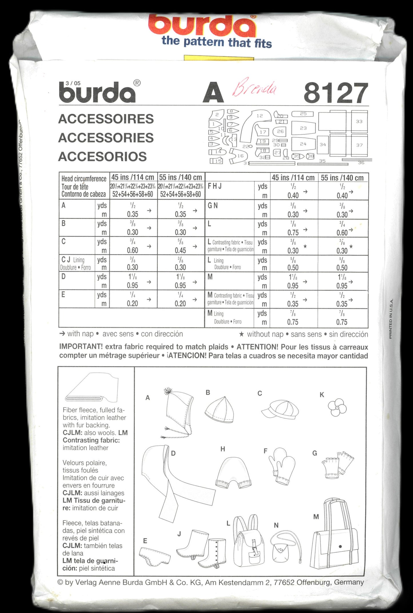Burda 8127 Accessories Unisex Hats, Mitts, Scarves, Boot covers, Shoulder bags & Backpack Sewing Pattern - UNCUT
