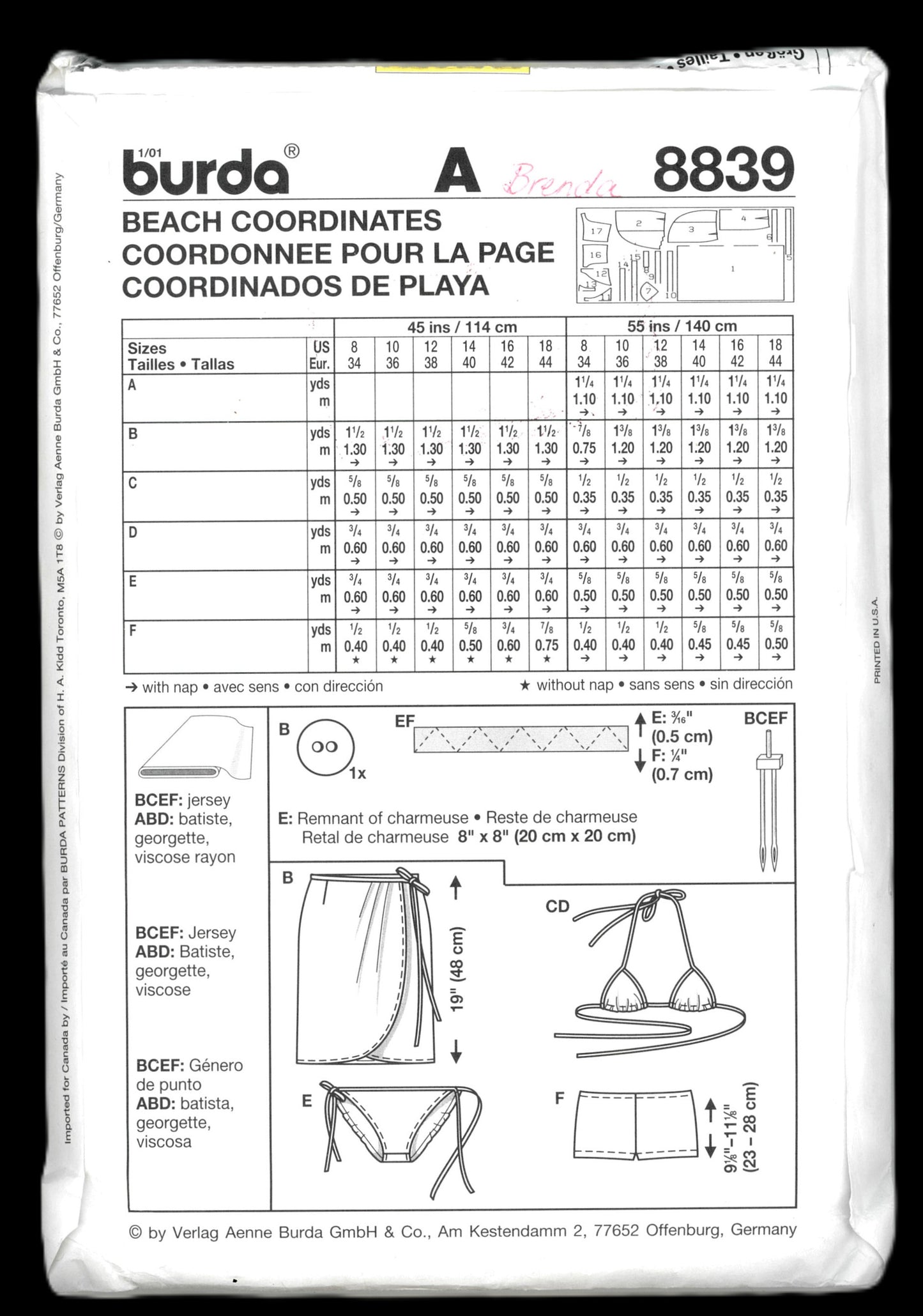 Burda 8839 Beach coordinates Swimsuit and Cover Up Sewing Pattern UNCUT - Size 8 10 12 14 16 18