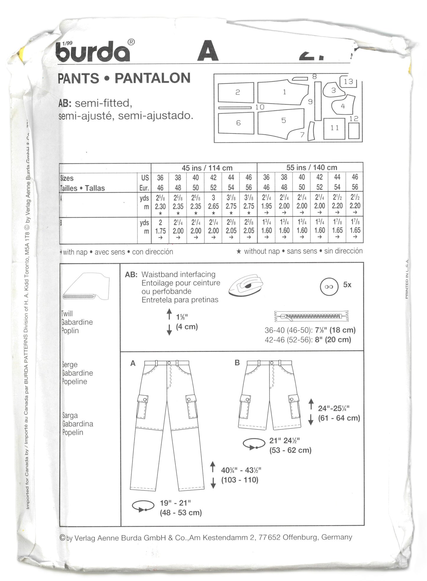Burda 2713 Mens Pants or Shorts Sewing Pattern - UNCUT Size 36 38 40 42 44 46