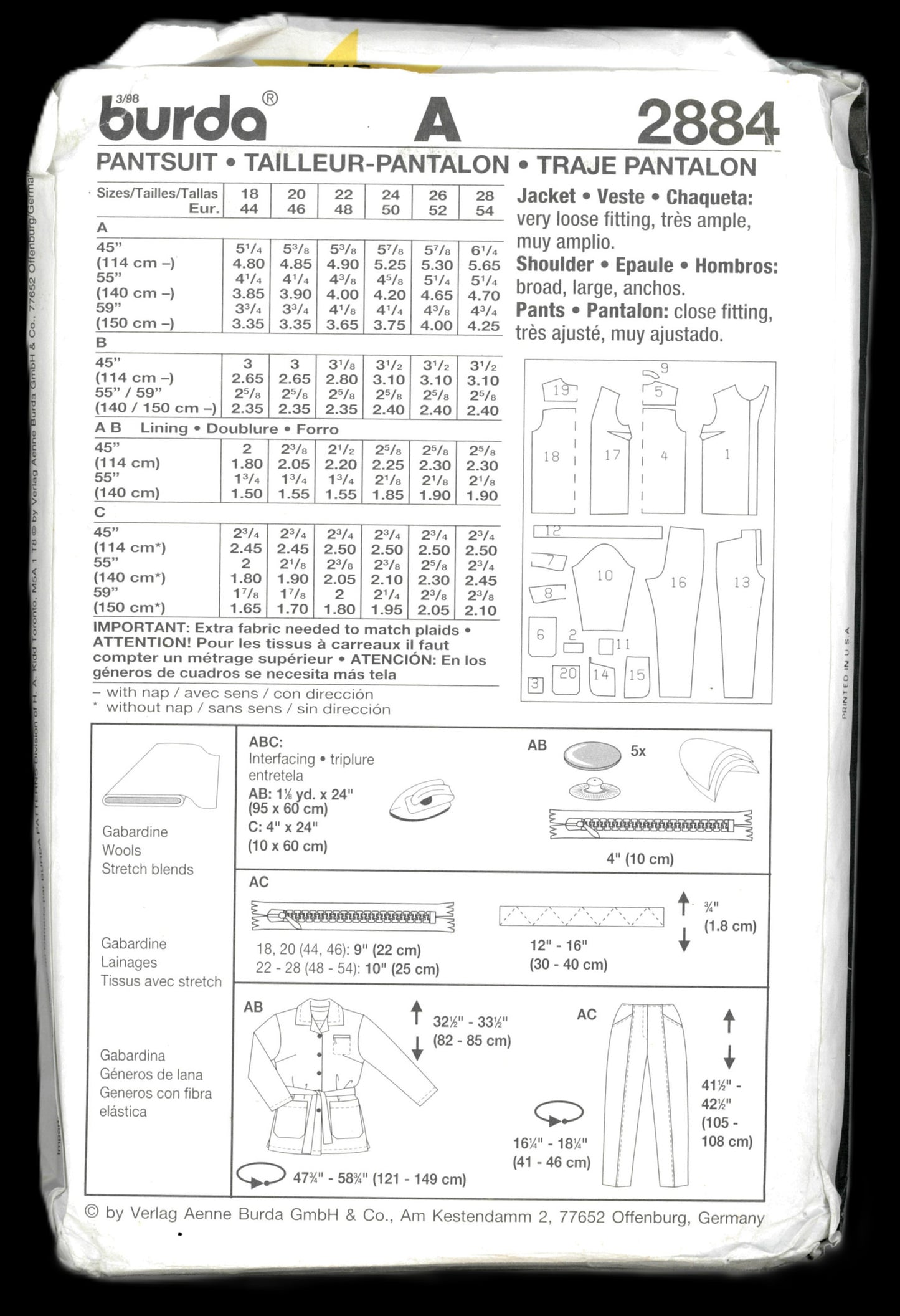 Burda 2884 Misses Pantsuit Sewing Pattern - UNCUT - Size 18 20 22 24 26 28