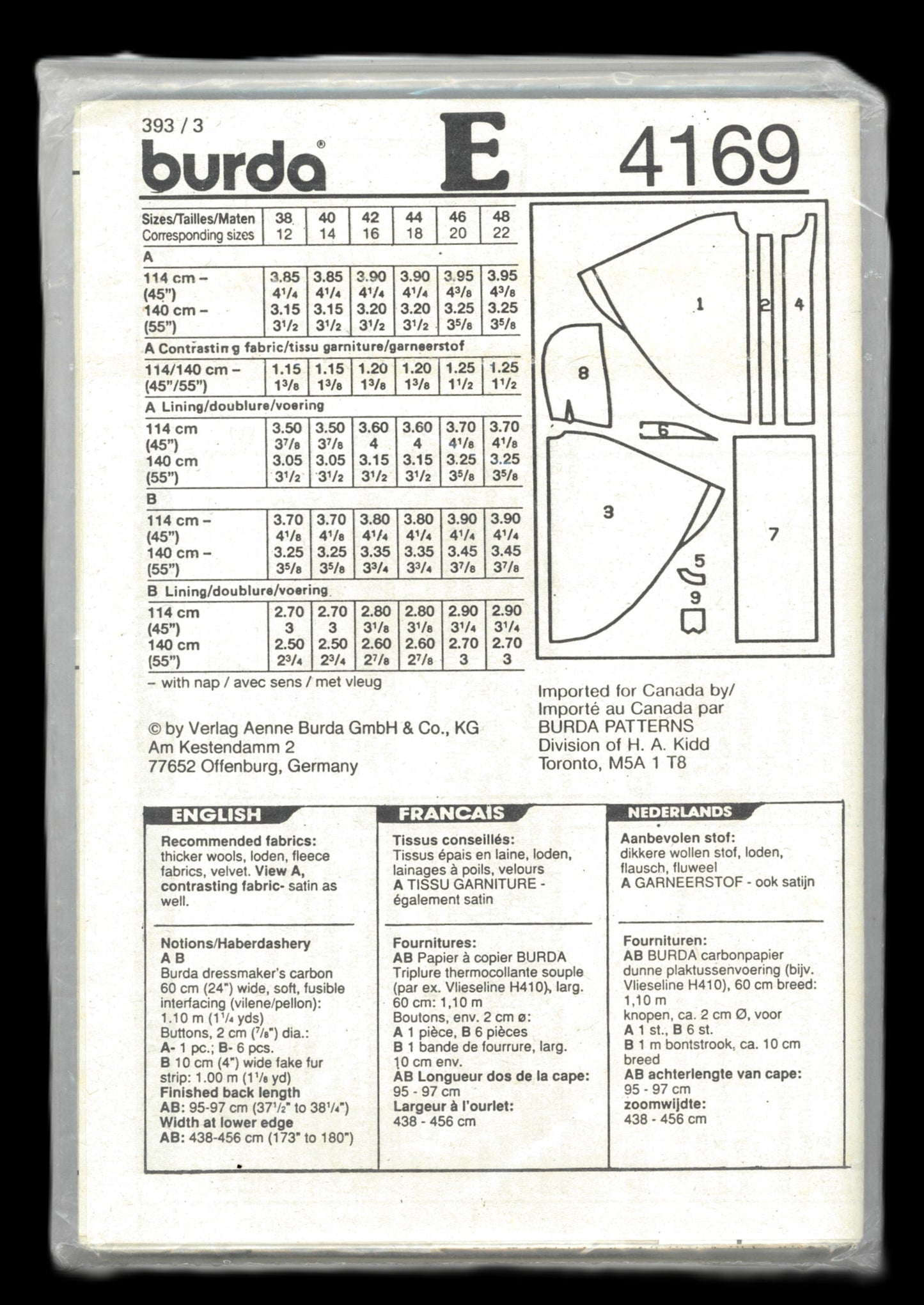 Burda 4169 Misses Cape, Hooded Cape and Scarf Sewing Pattern - UNCUT - Size 12 14 16 18 20 22