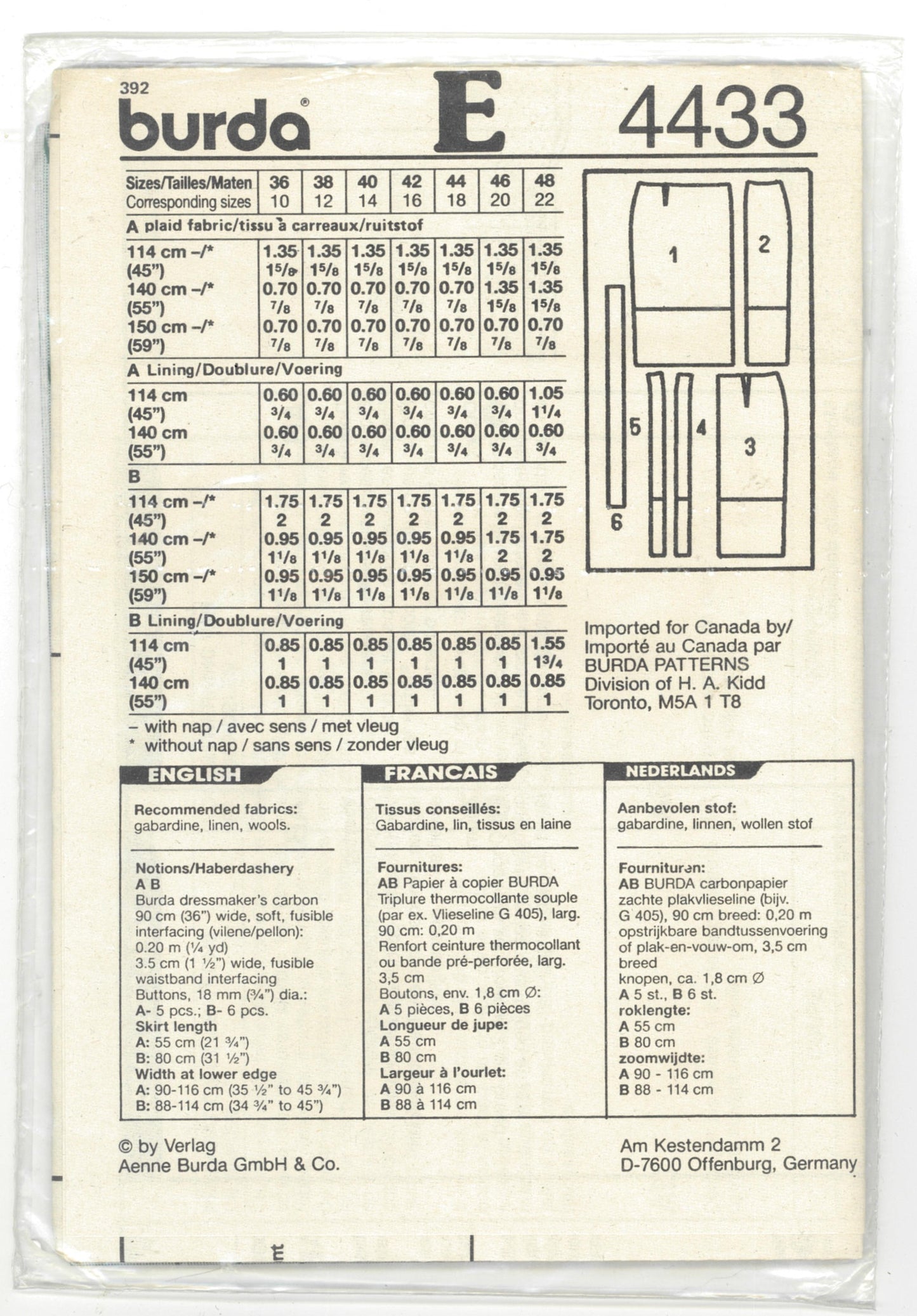 Burda 4433 Misses Skirt Sewing Pattern - UNCUT - Size 10 - 22