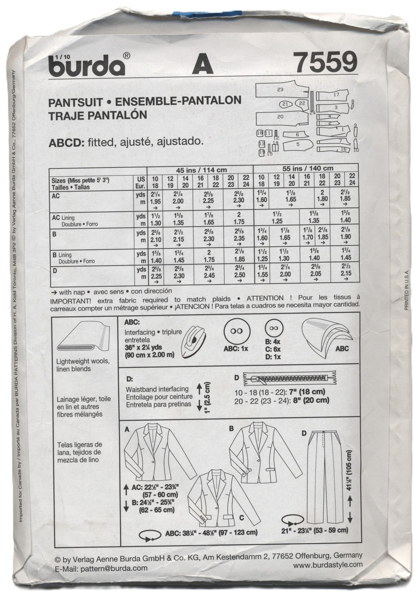 Burda 7559 Misses Pantsuit Sewing Pattern - UNCUT - Size 18 19 20 21 22 23 24