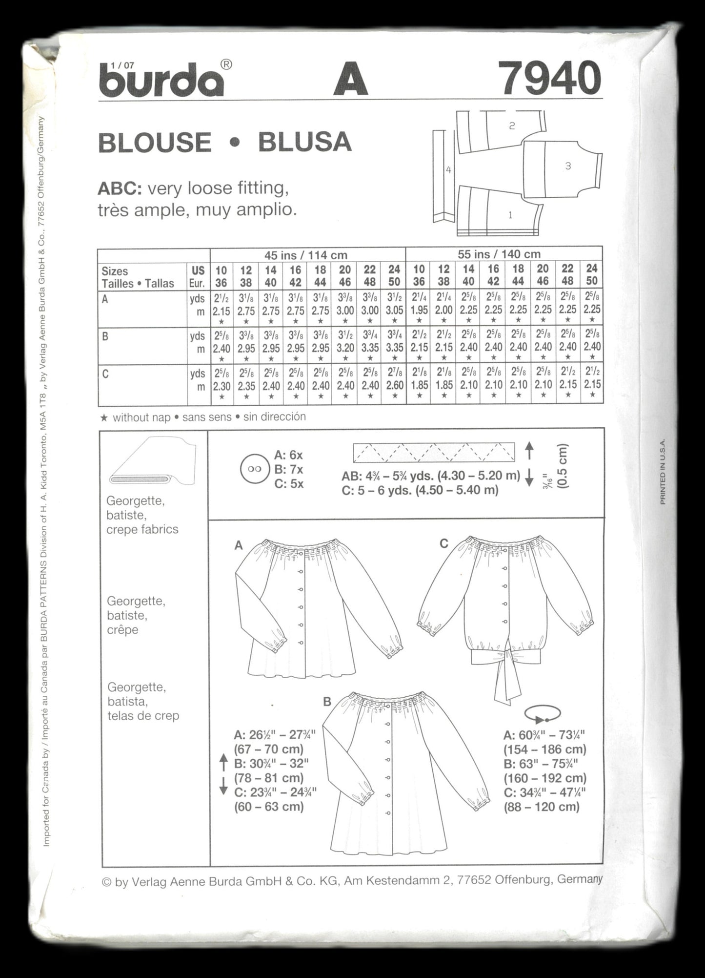 Burda 7940 Misses Blouse Sewing Pattern UNCUT Size 10 12 14 16 18 20 22 24