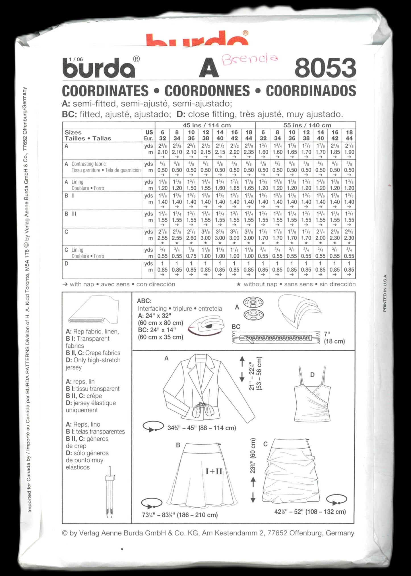 Burda 8053 Misses Jacket Top and Skirt Sewing Pattern - UNCUT - Size 6 8 10 12 14 16 18