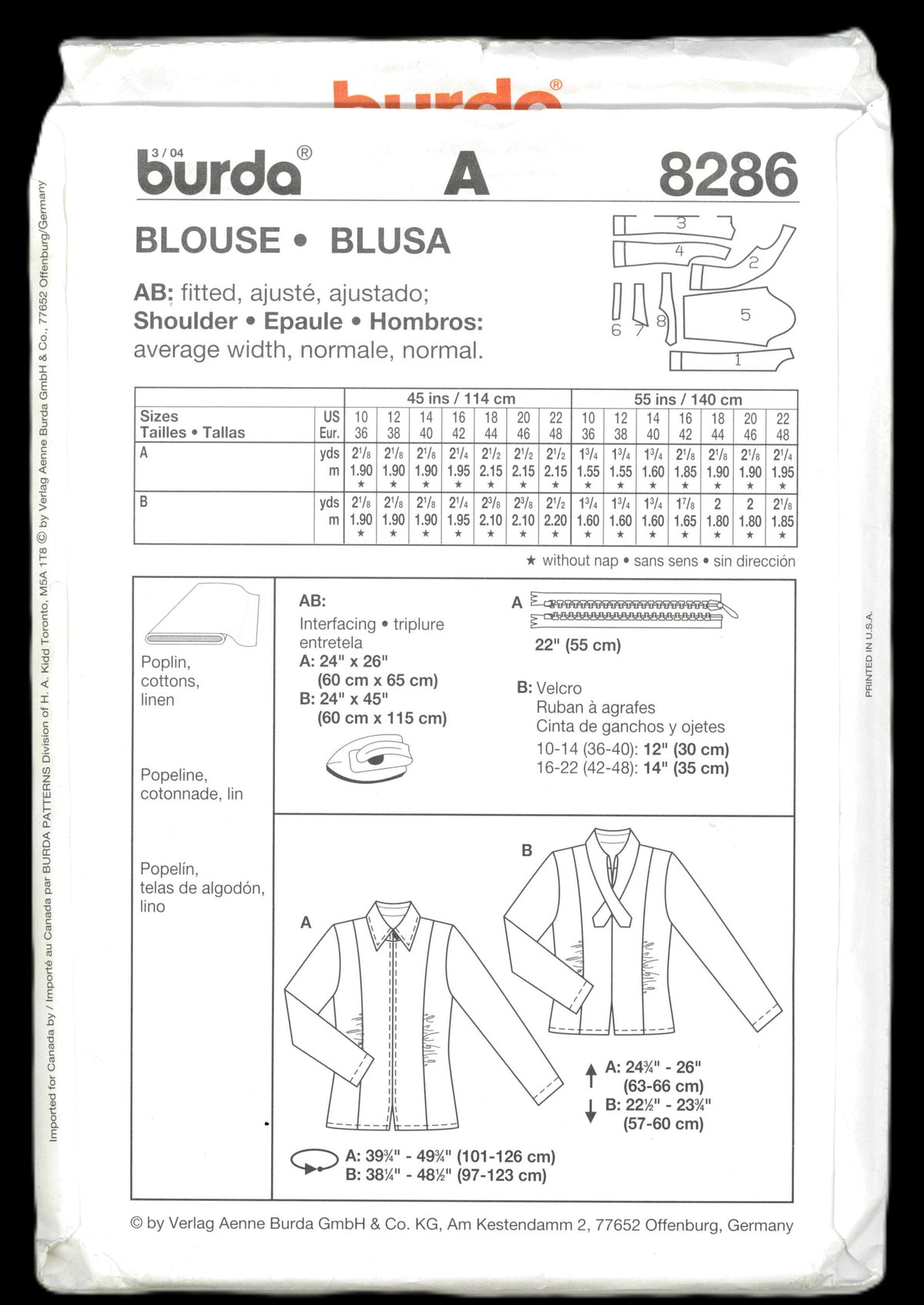 Burda 8286 Blouse Sewing Pattern - UNCUT - Size 10 12 14 16 18 20 22
