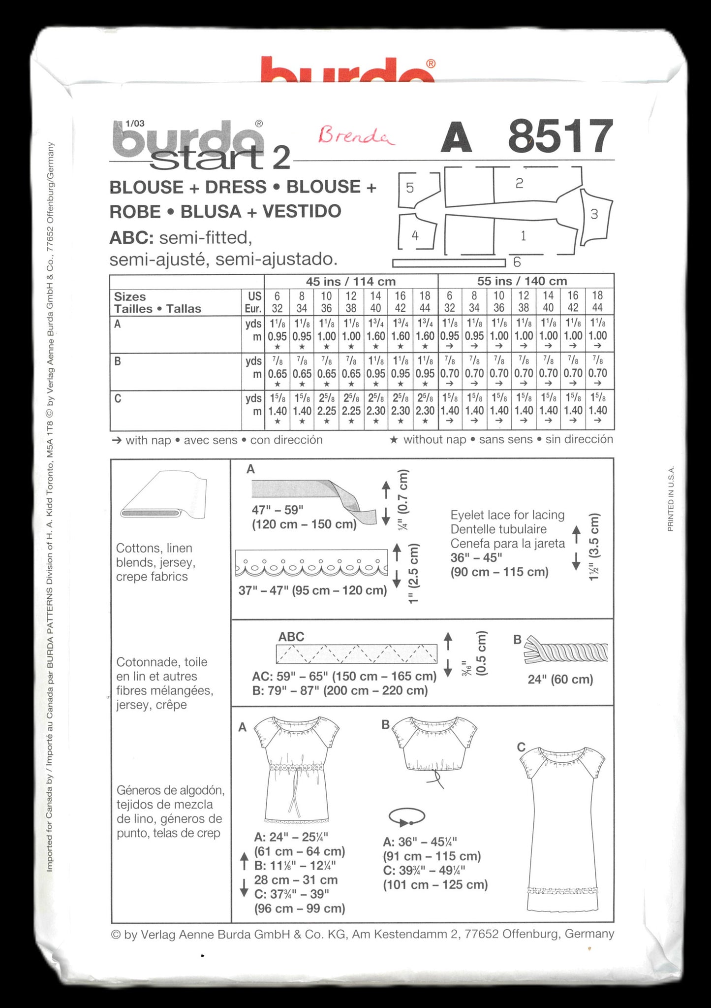 Burda Young 8517 Dress and Tops Pattern UNCUT Size 6 - 18