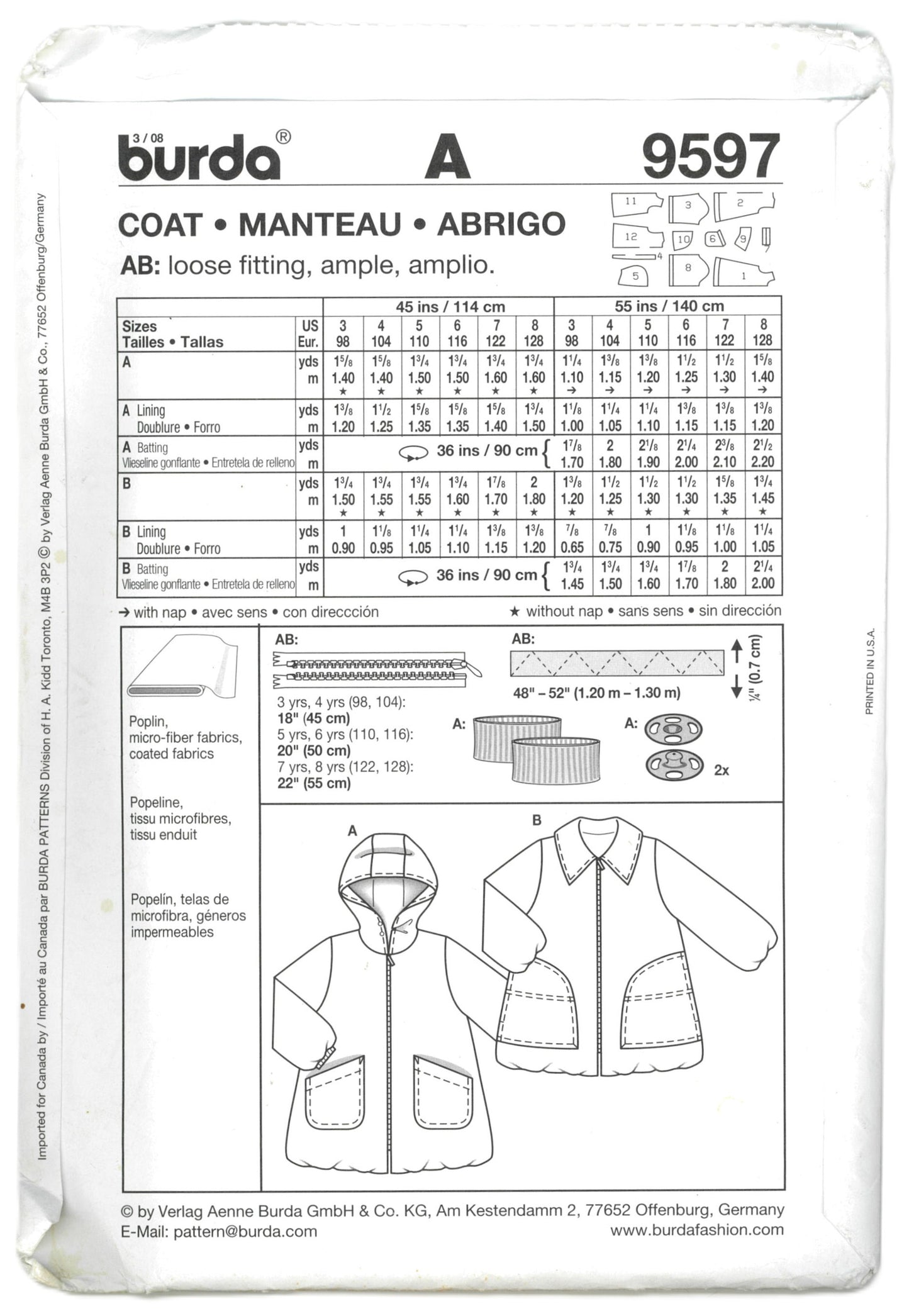 Burda 9597 Girls Coat Pattern Sewing Pattern - UNCUT Size 3 4 5 6 7 8