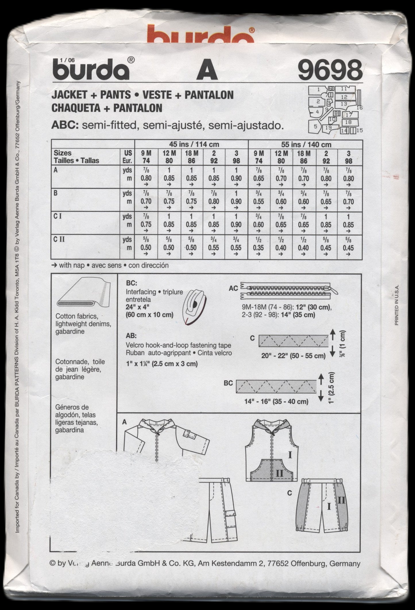 Burda 9698 Infants Boys Jacket and Pants Sewing Pattern - UNCUT - Size 9M 12M 18M 2 3