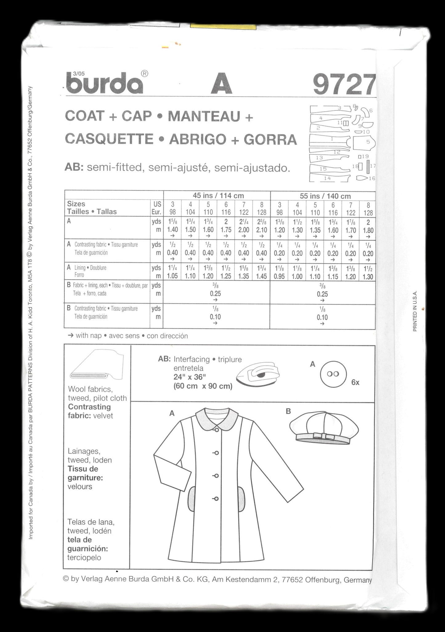 Burda 9727 Girls Coat and Hat Pattern Sewing Pattern - UNCUT Size 3 4 5 6 7 8