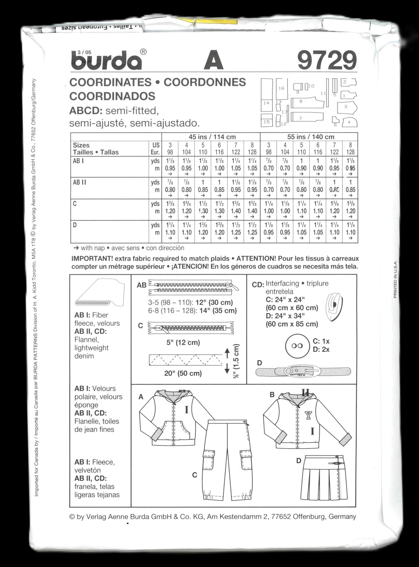 Burda 9729 Boys Girls Jacket Pants and Skirt Sewing Pattern - UNCUT - Size 3 4 5 6 7 8