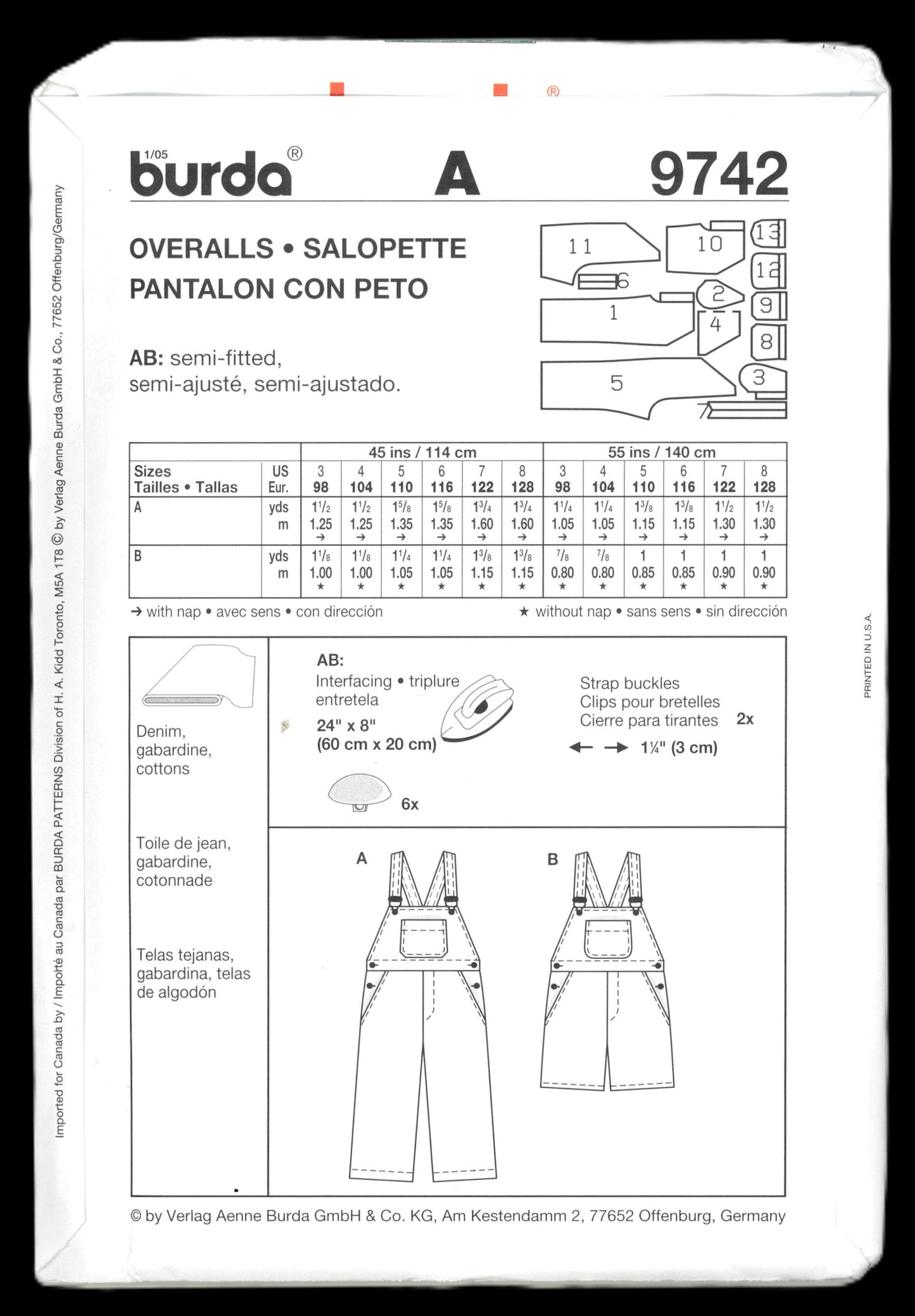 Burda 9742 Boys Girls Overalls and Shortalls Sewing Pattern - UNCUT Size 3 4 5 6 7 8