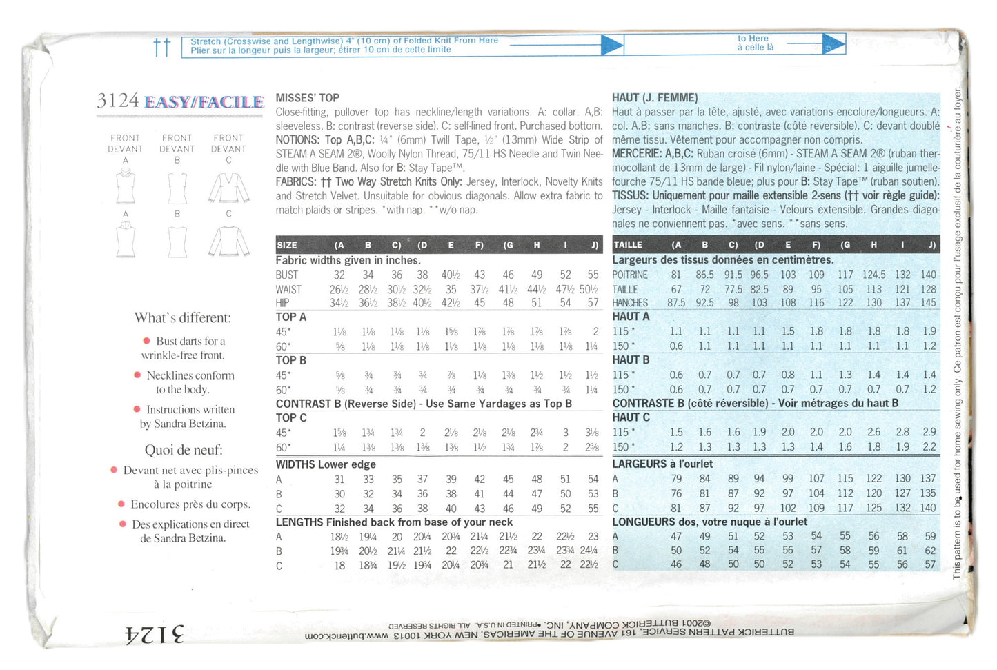 Butterick 3124 Sandra Betzina Misses Top Sewing Pattern - UNCUT - Size A B C