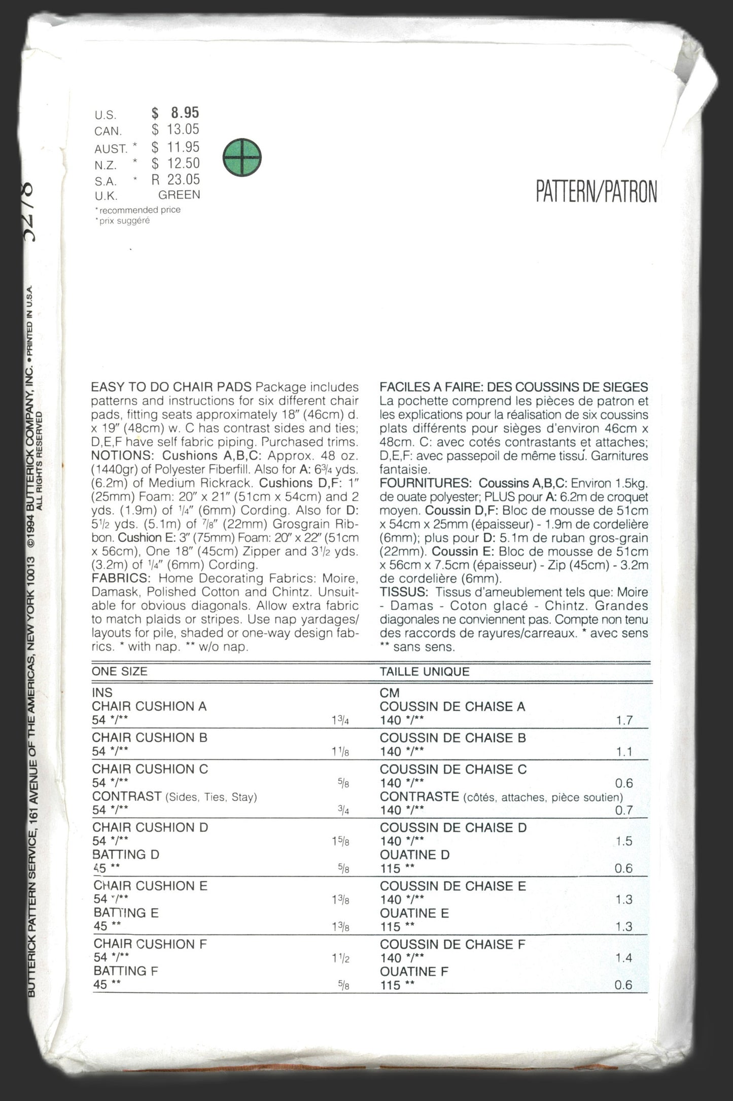 Butterick 3278 Waverly Easy to Do Chair Pads Sewing Pattern - UNCUT