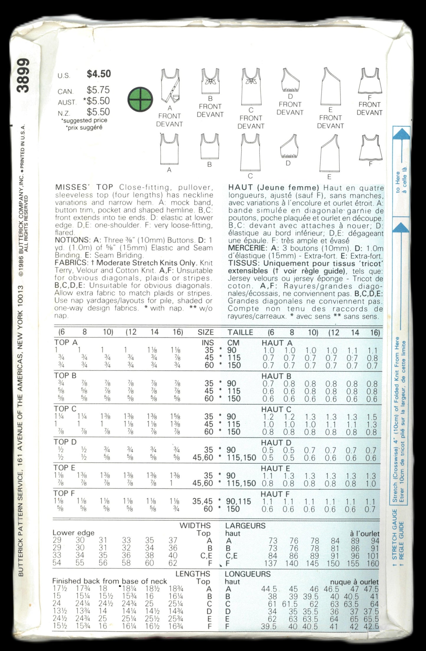 Butterick 3899 Misses Top Sewing Pattern UNCUT Size 12 14 16