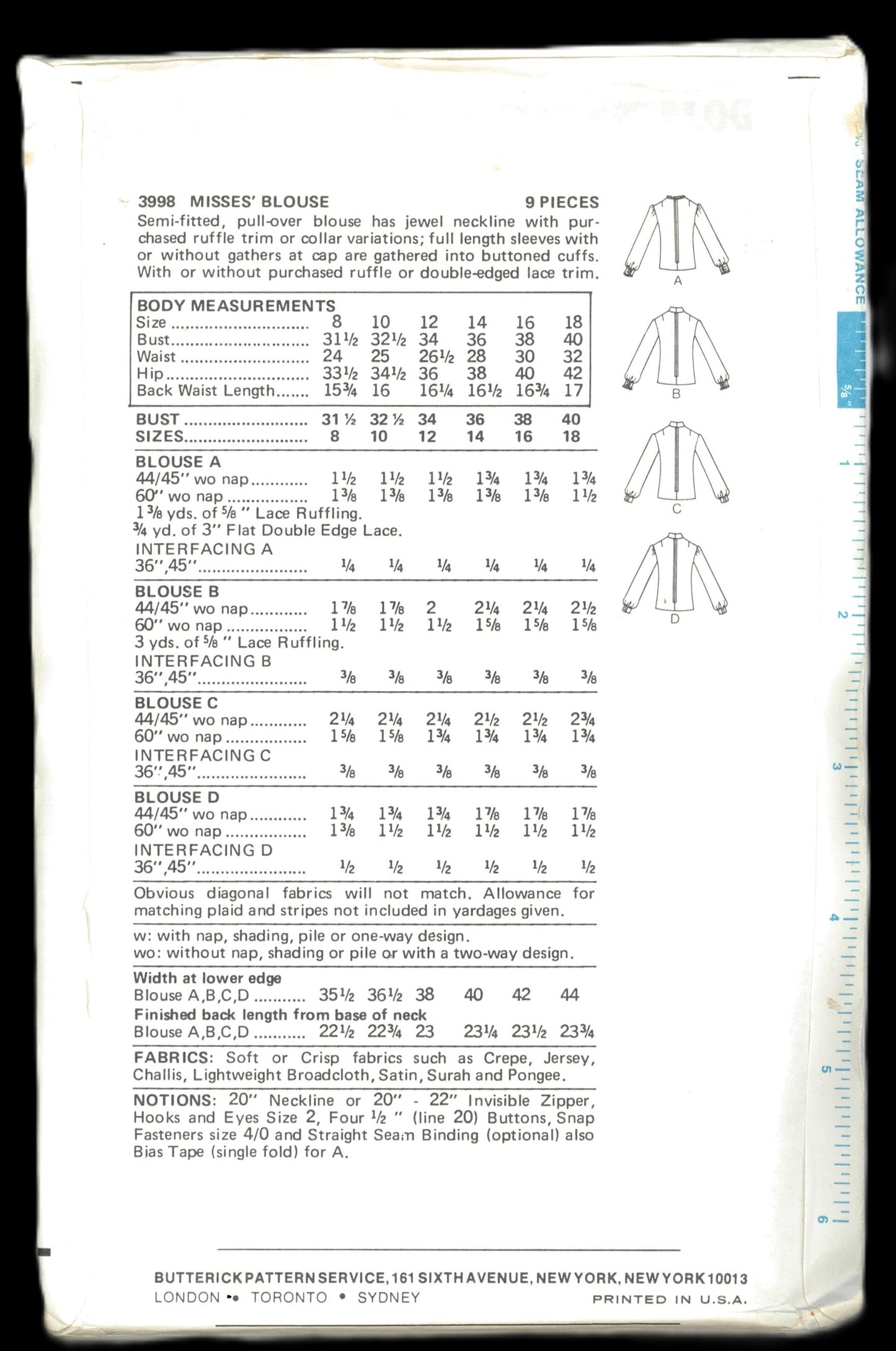 70s Butterick 3998 Misses Blouse Sewing Pattern UNCUT Size 8 Size 12 Size 14
