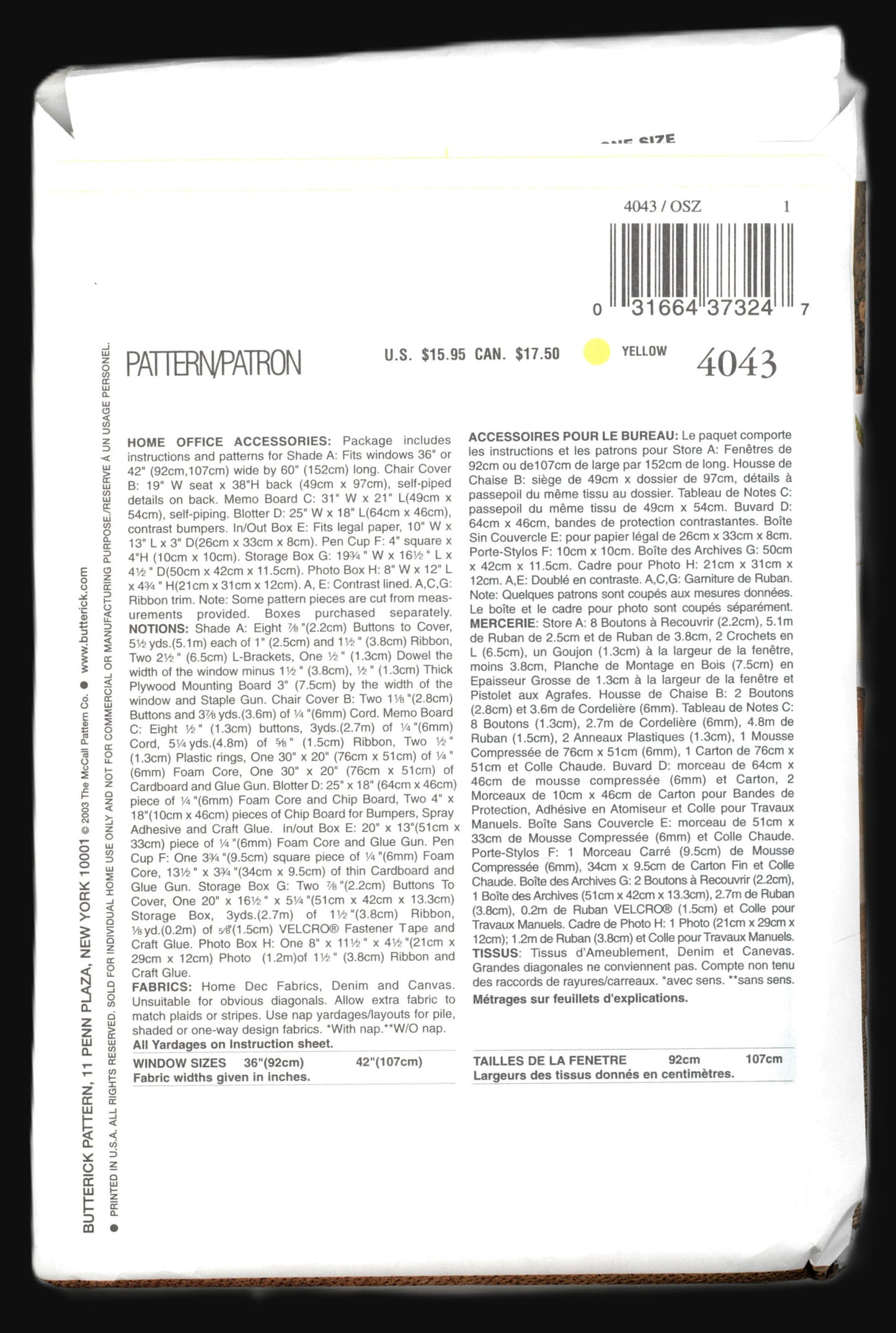 Butterick 4043 Waverly Office Accessories Sewing Pattern - UNCUT