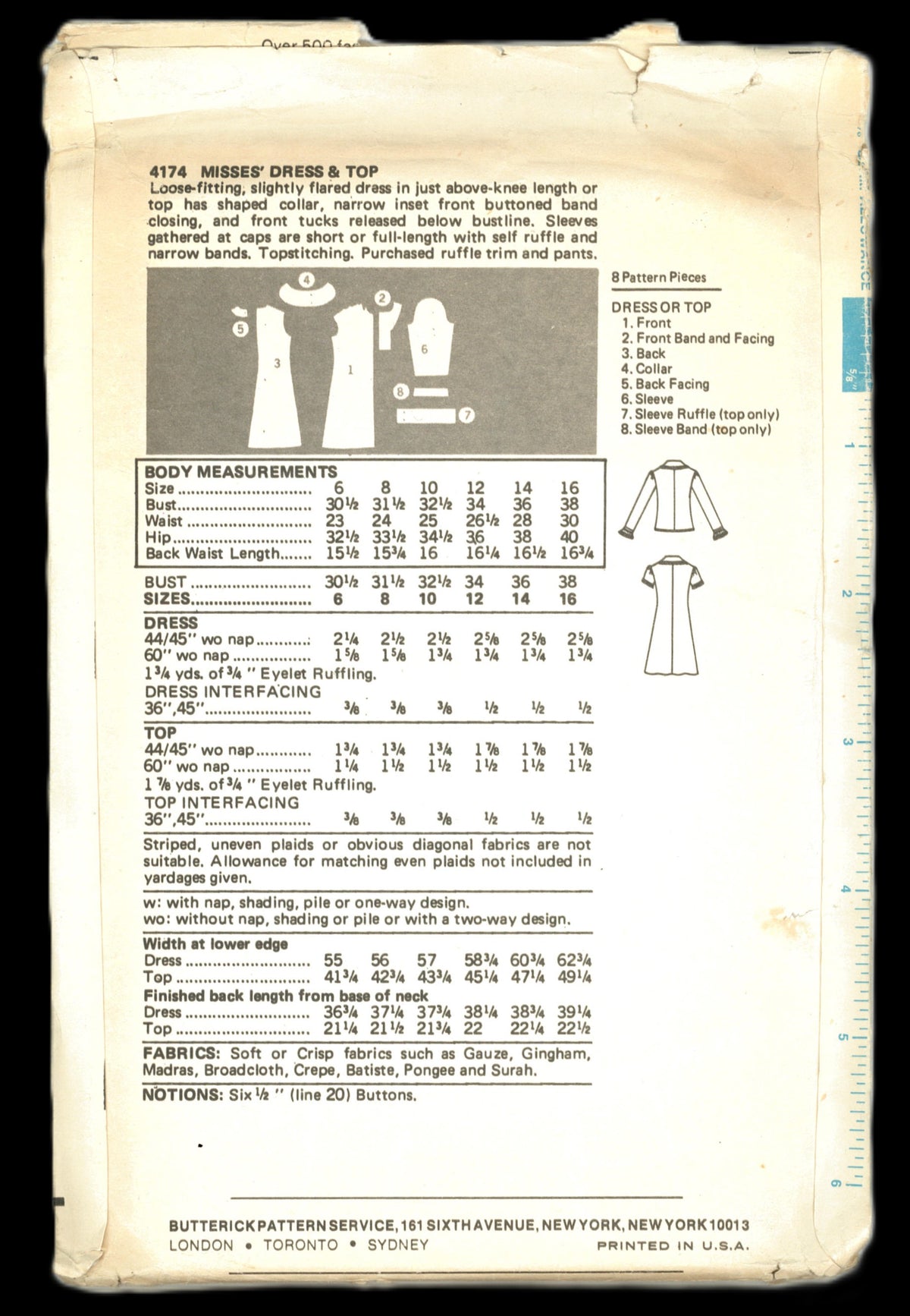 70s Butterick 4174 Misses Dress or Top Sewing Pattern UNCUT Size 12