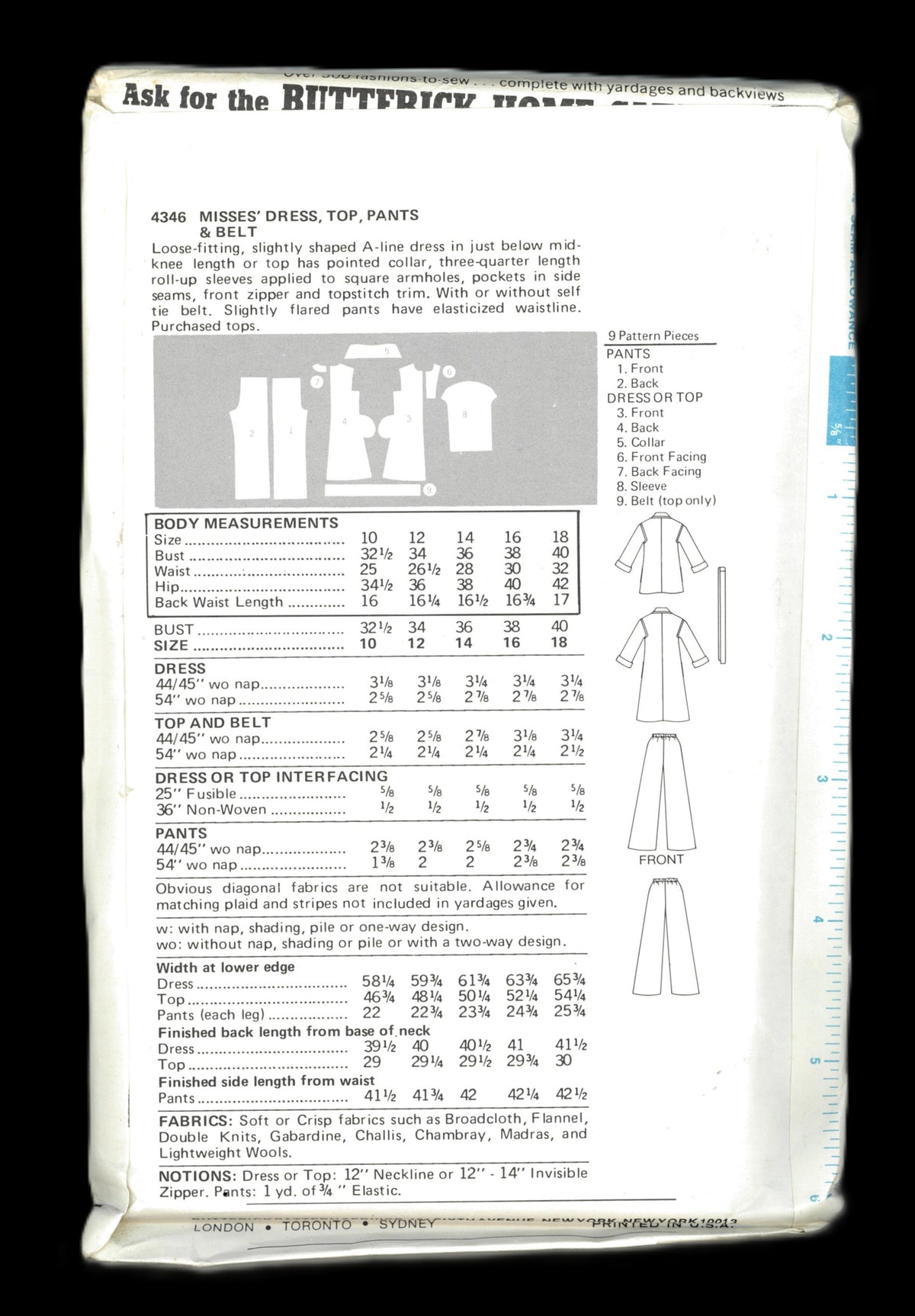 70s Butterick 4346 Misses Dress Top Pants and Belt Sewing Pattern UNCUT Size 14 or Size 16