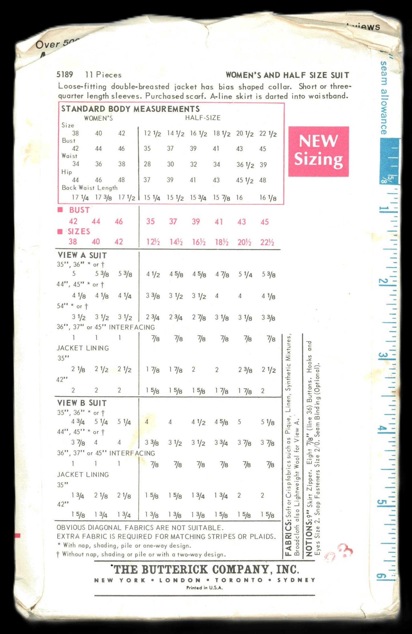 Butterick 5189 Misses Half Size Suit Sewing Pattern - UNCUT - Size 12 1/2