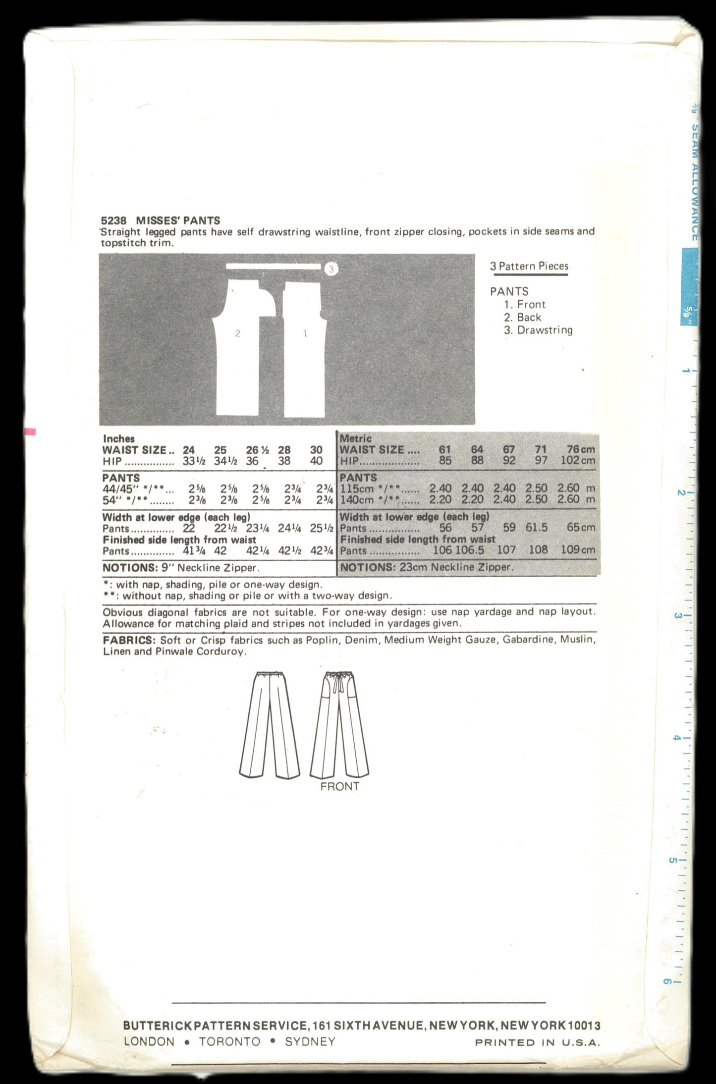70s Butterick 5238 Misses Tie on Pants Sewing Pattern - UNCUT Size 28
