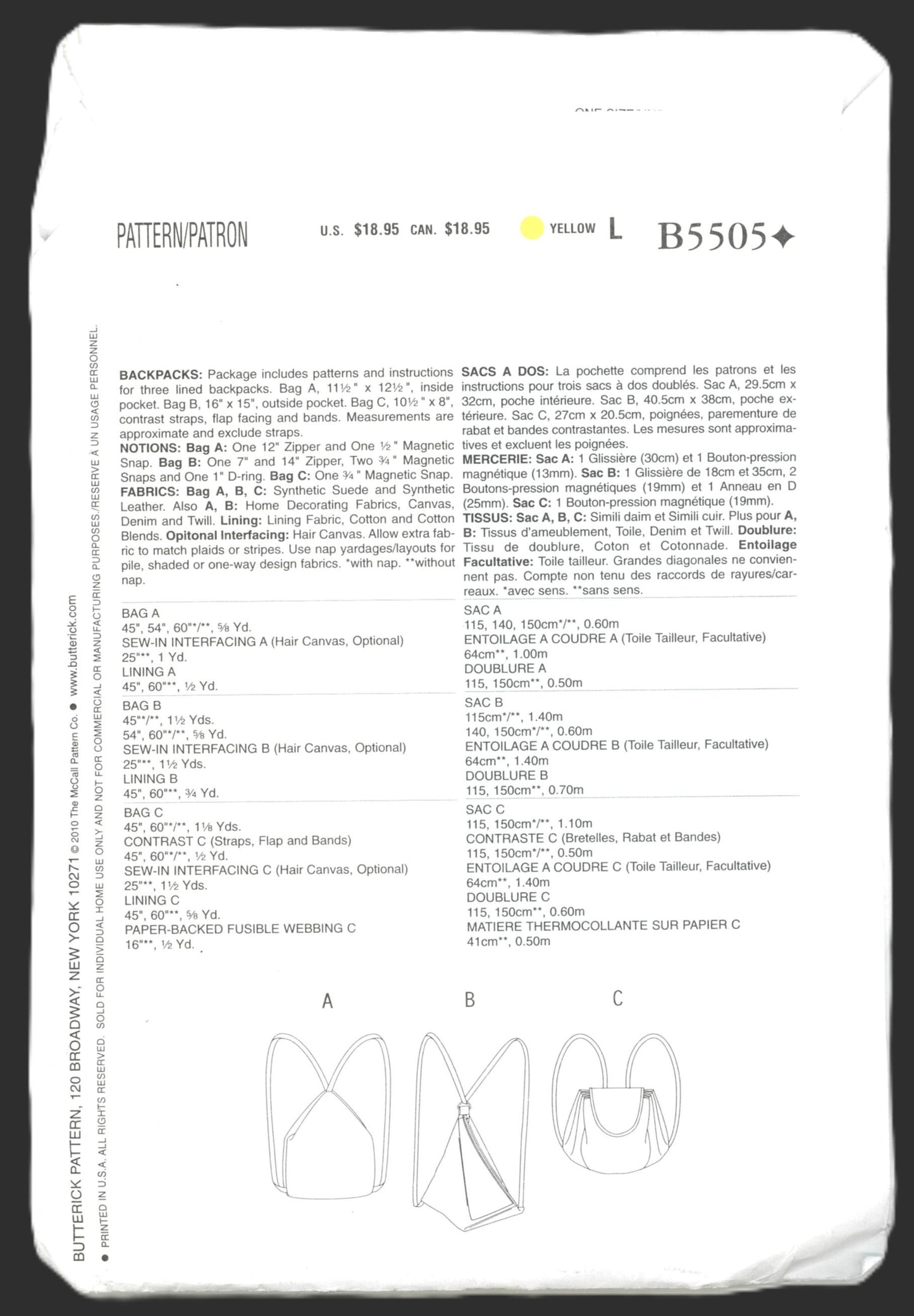 Butterick 5505 Backpacks Sewing Pattern UNCUT