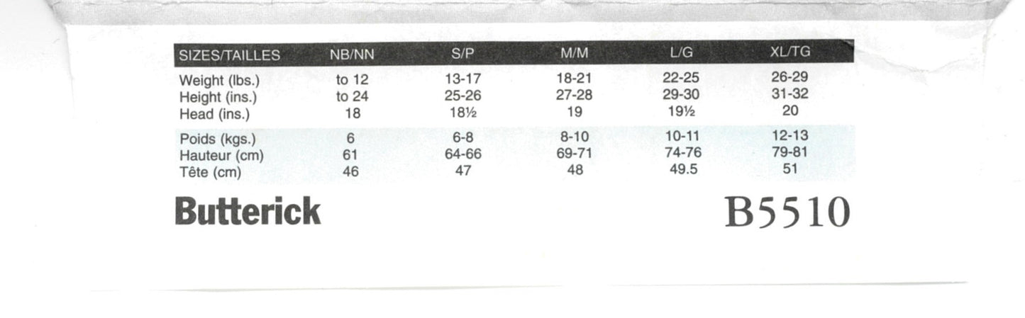 Butterick 5510 Infants Shirt T-Shirt Pants and Hat Sewing Pattern - UNCUT - Size Large ( Lrg - Xlg)