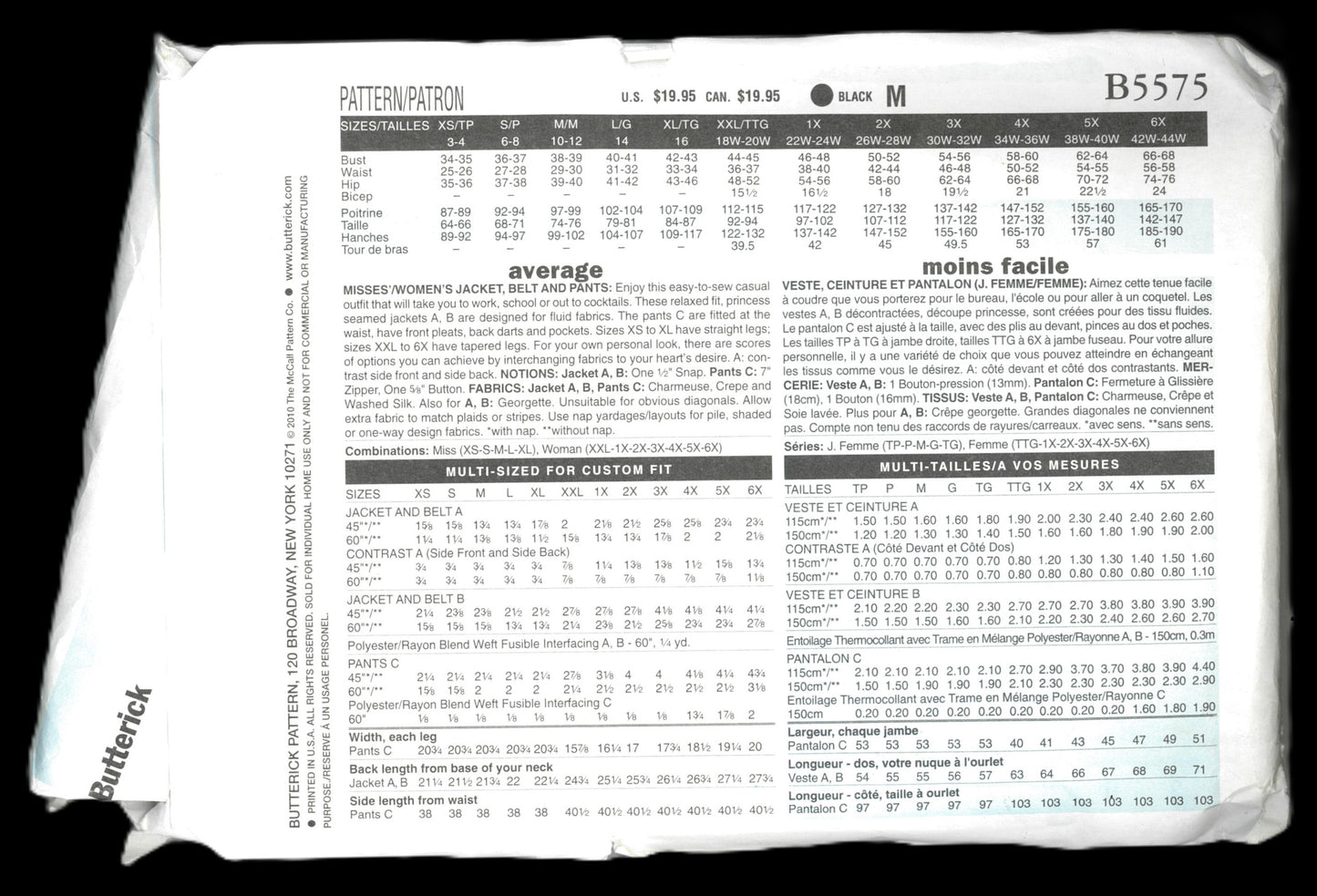 Butterick 5575 Connie Crawford Womens Jacket Belt and Pants Sewing Pattern - UNCUT - Size Xxl 1x 2x 3x 4x 5x 6x