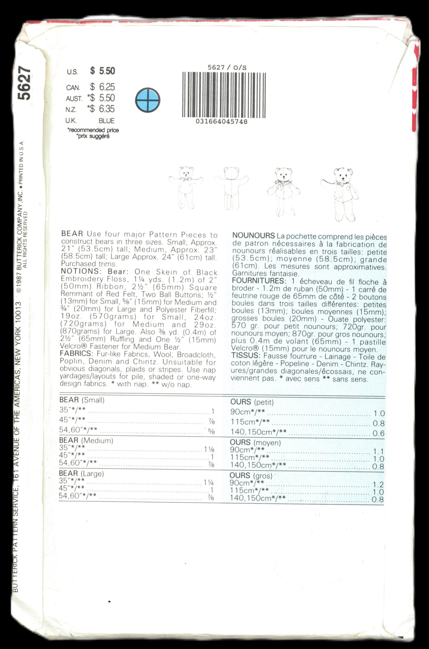 Butterick 5627 Bear Sewing Pattern UNCUT - Stuffed Bear Family