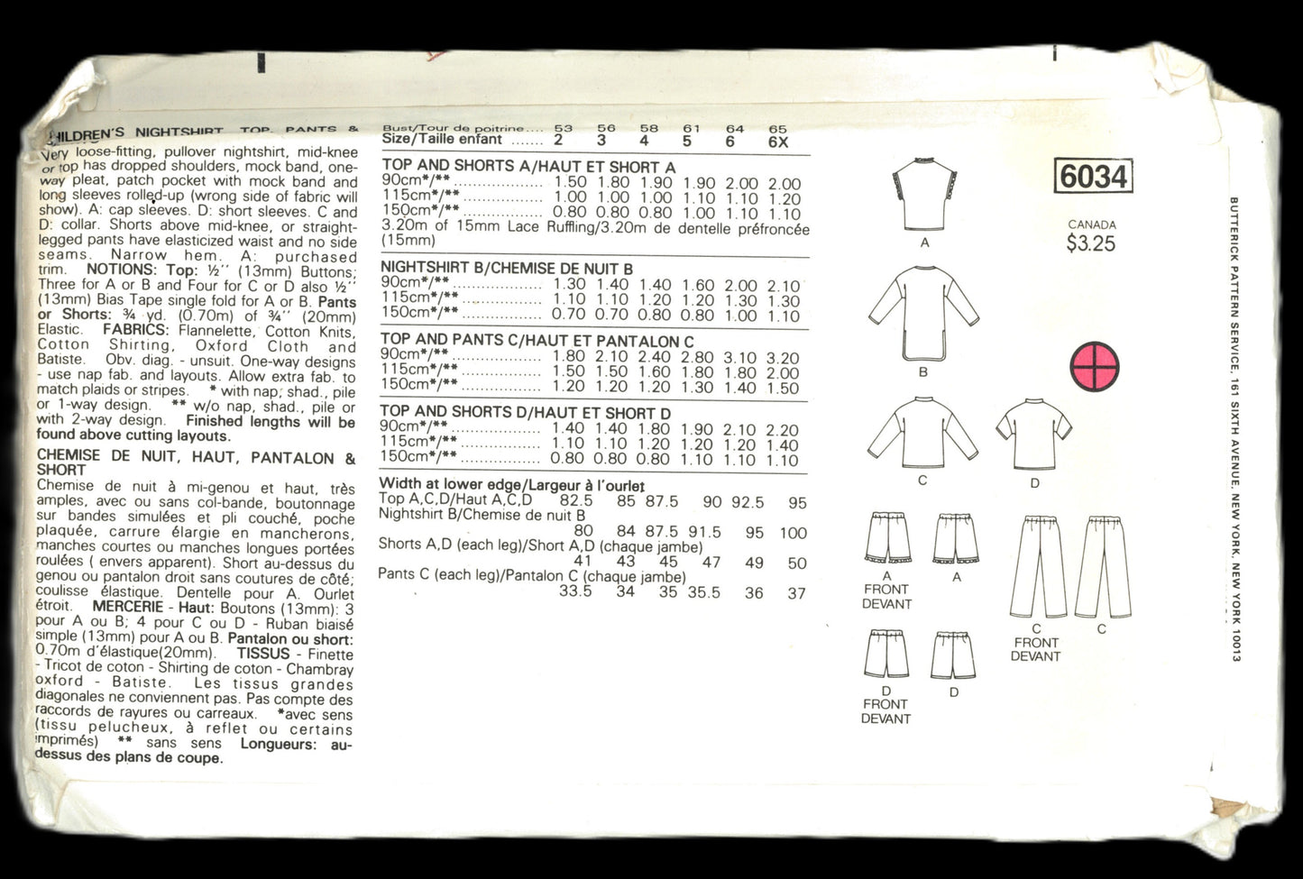 Butterick 6034 Childrens Girls Boys Nightgown Top Pants ans Shorts Sewing Pattern - UNCUT - Size 5 6 6X