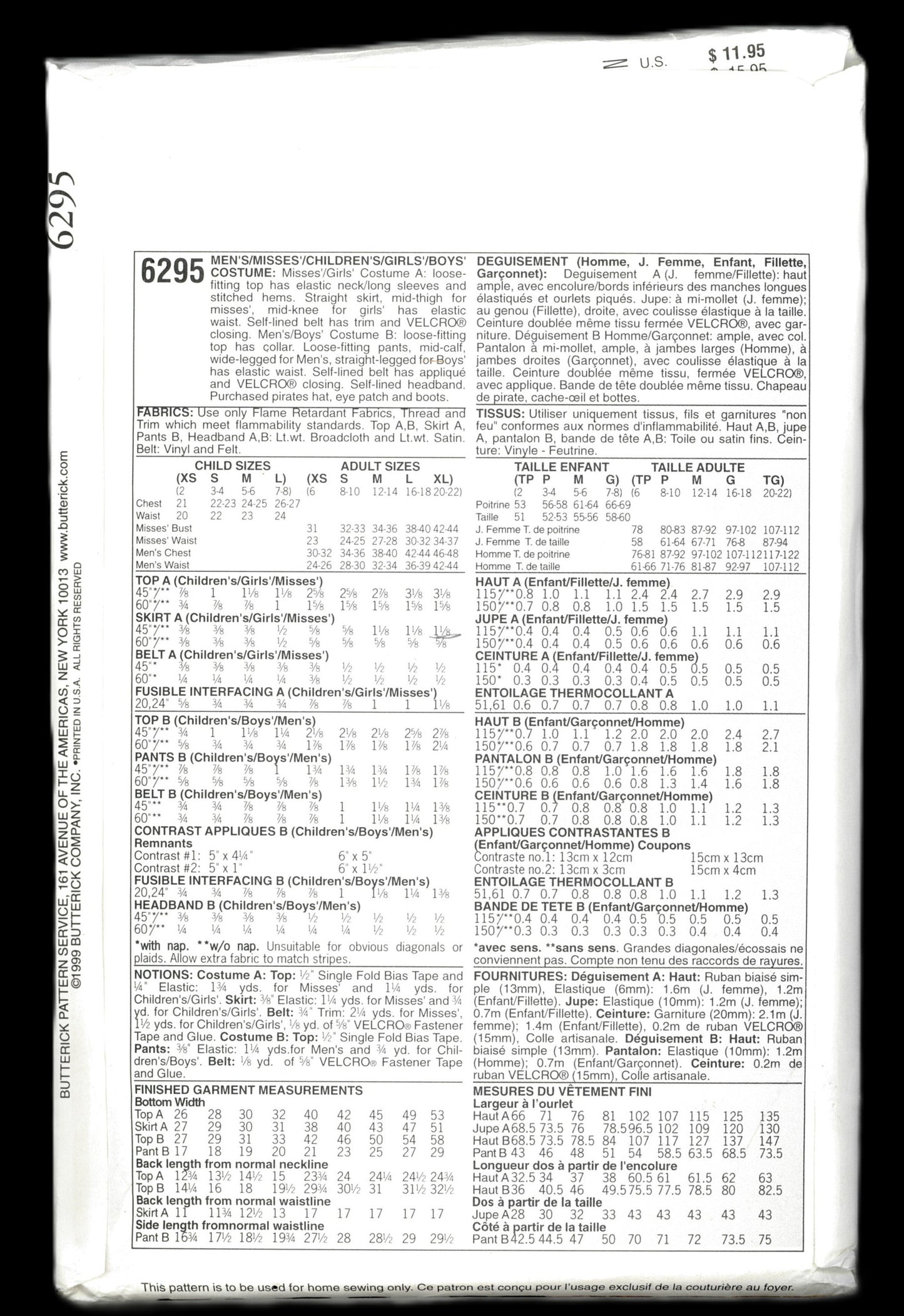 Butterick 6295 Misses / Mens Pirate Costume Sewing Pattern UNCUT - Adult Size XS S M L XL Size 14 16 18 20