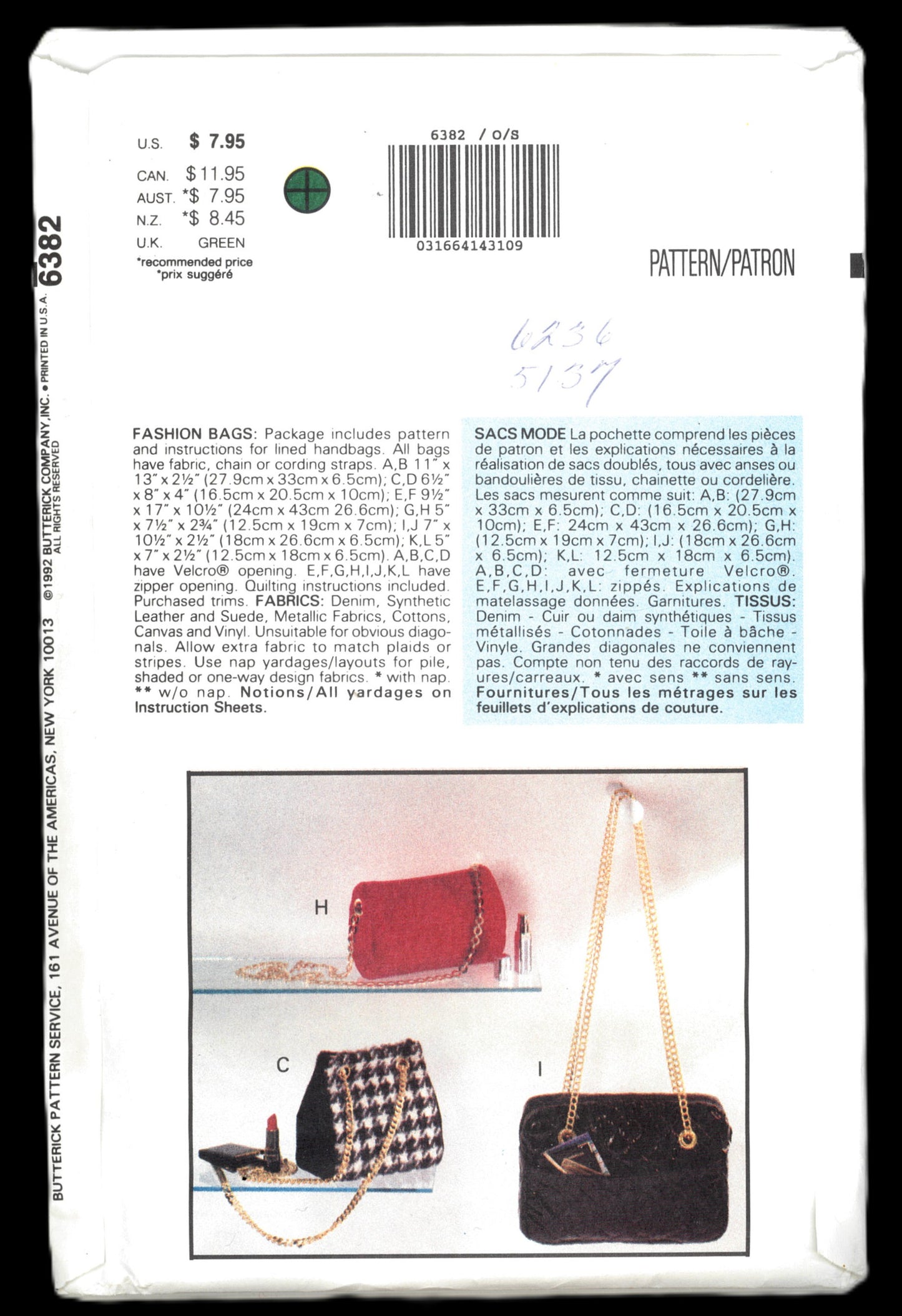 ButtericK 6382 Fashion Bags Sewing Pattern - UNCUT