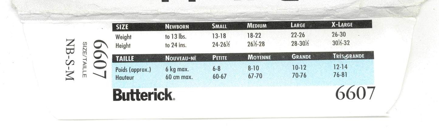 Butterick 6607 Infants Jumpsuit, Romper & Hat Sewing Pattern - UNCUT - Size NB S M