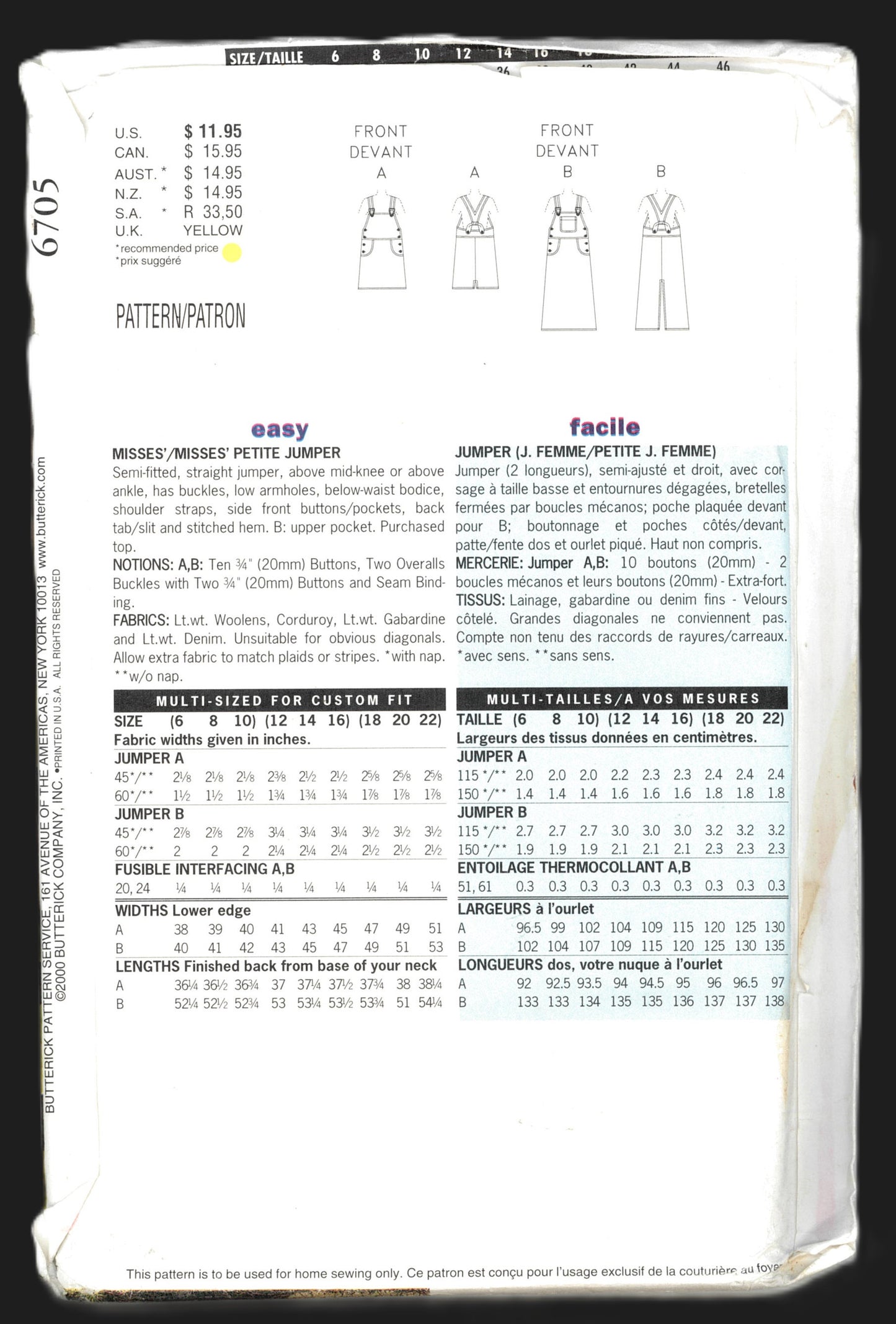 Buterick 6705 Misses / Misses Petite Jumper Sewing Pattern - UNCUT Size 6 8 10
