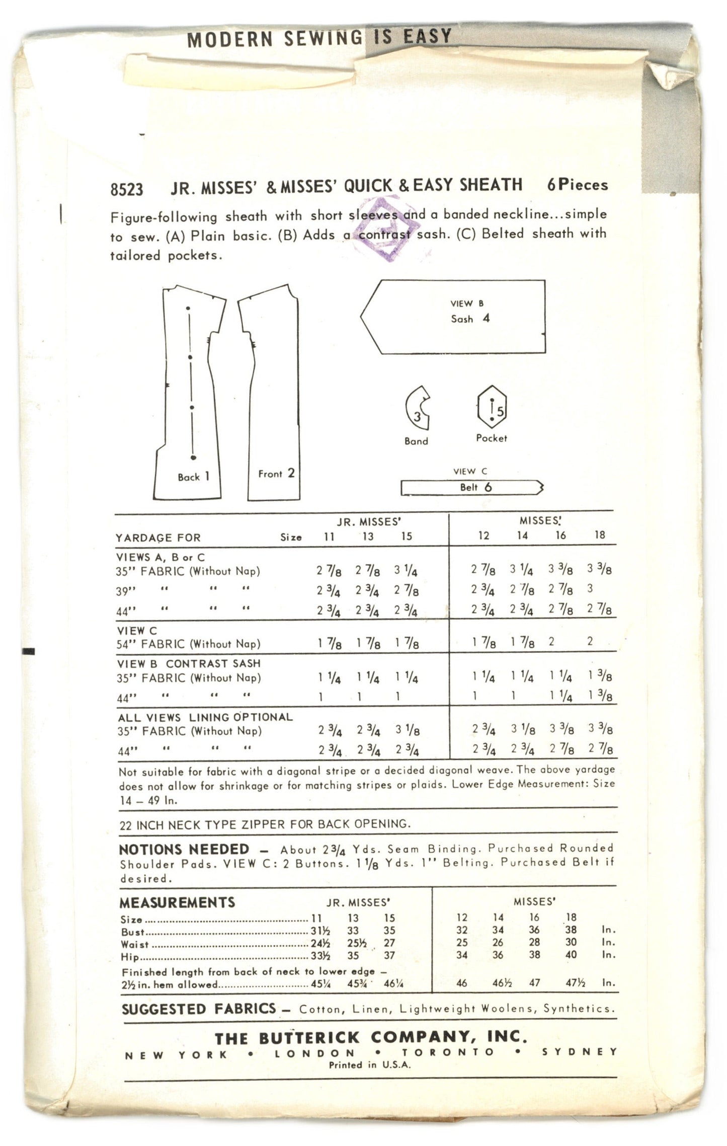 Butterick 8523 Misses Sheath Dress Sewing Pattern - UNCUT - Size 14 Bust 34