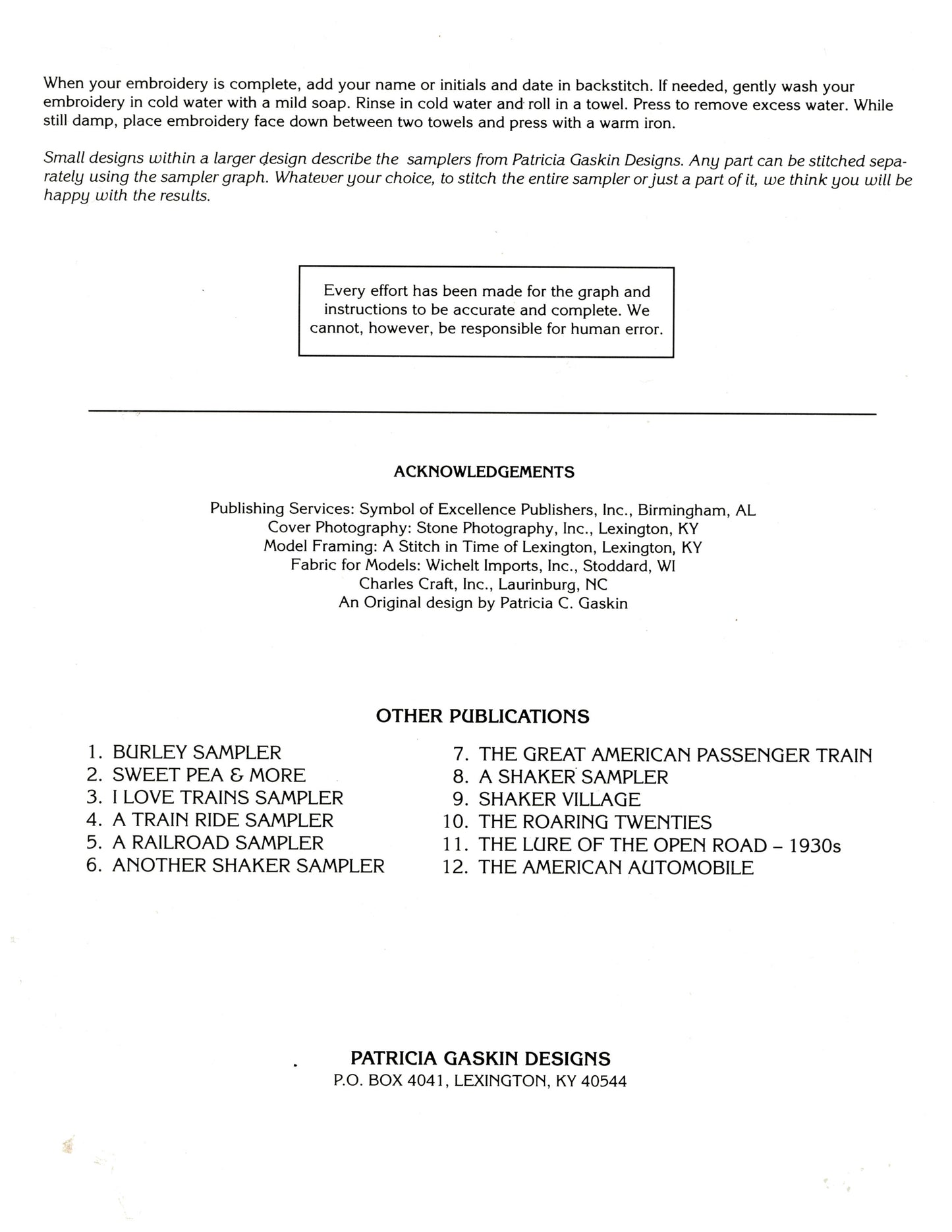 Patricia Gaskin " Down at the Depot" Rail Road Train Themed Cross Stitch Pattern