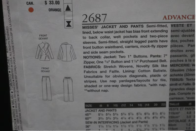 Vogue 2687 Issey Miyake Misses Jacket and Pants Sewing Pattern - UNCUT - Size 6 8 10