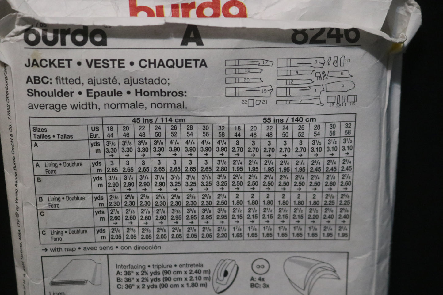 Burda 8246 Misses Jacket Sewing Pattern - UNCUT - Size 18 20 22 24 26 28 30 32