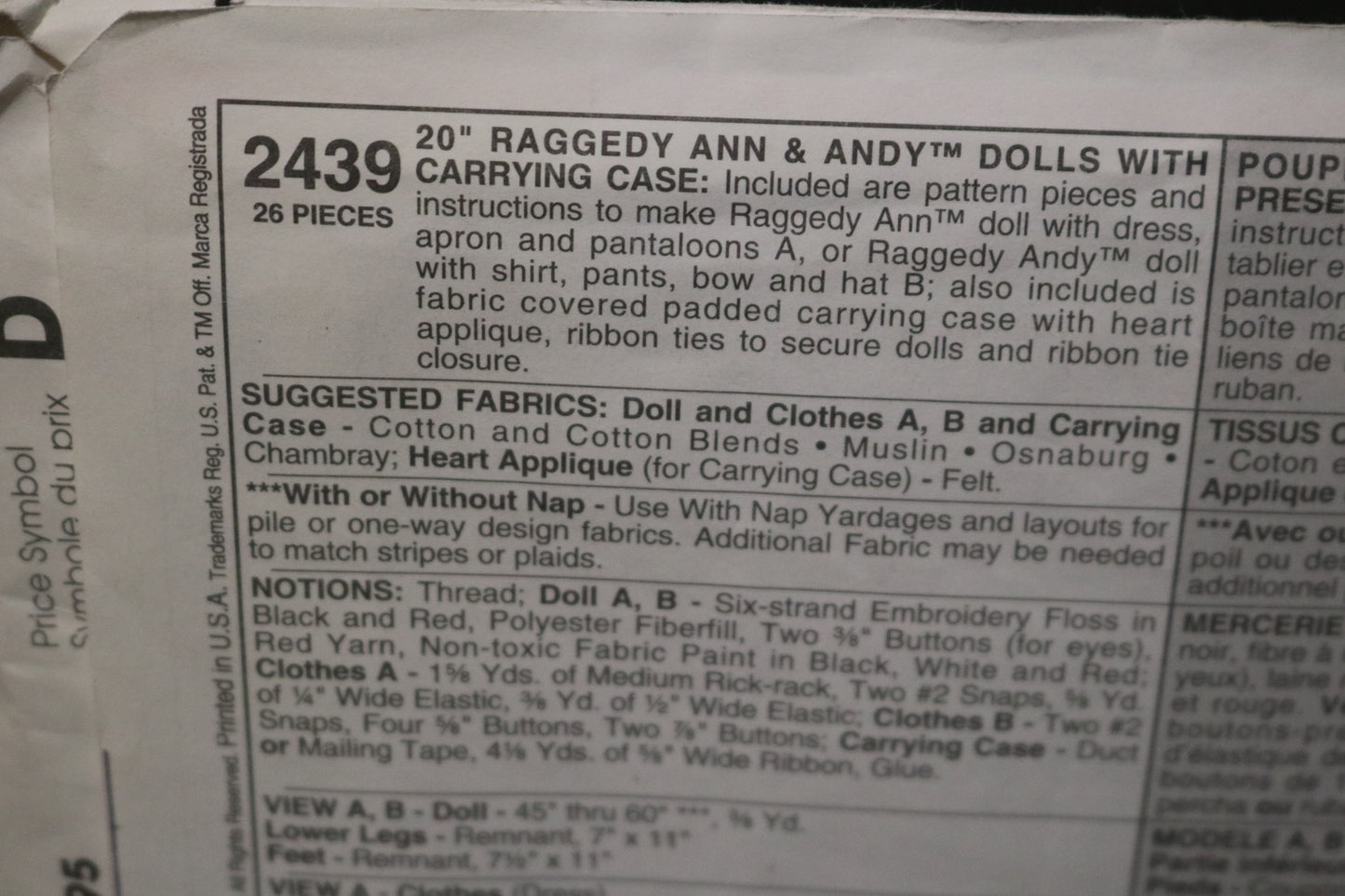McCalls 2439 20" Raggedy Ann and Raggedy Andy Dolls with Carrying Case Sewing Pattern Uncut