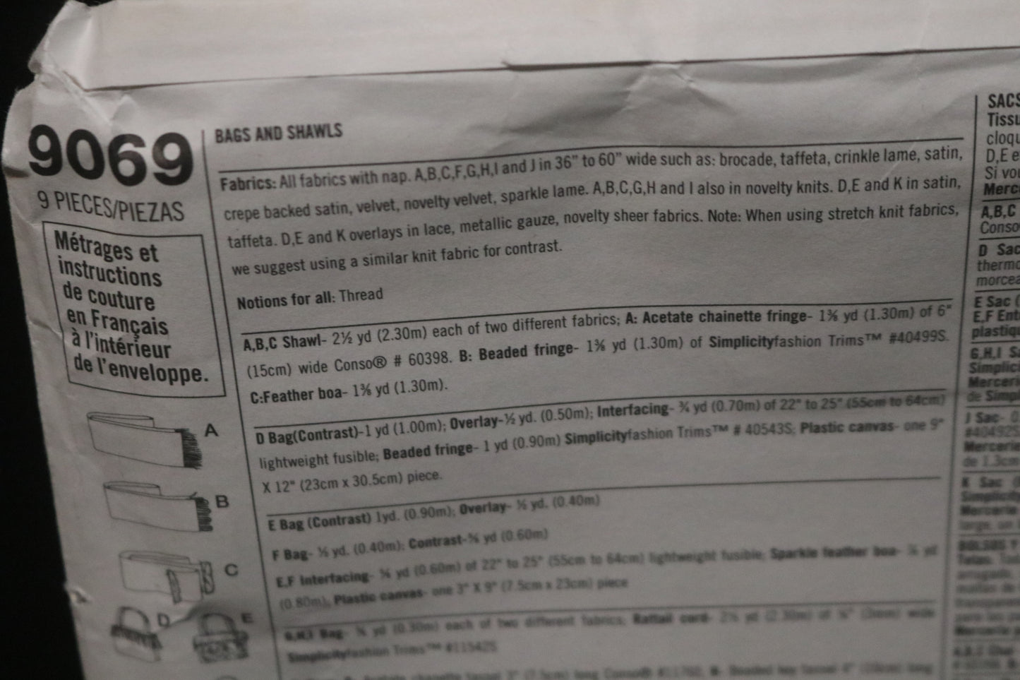 Simplicity 9069 Bags and Shawls Sewing Pattern UNCUT