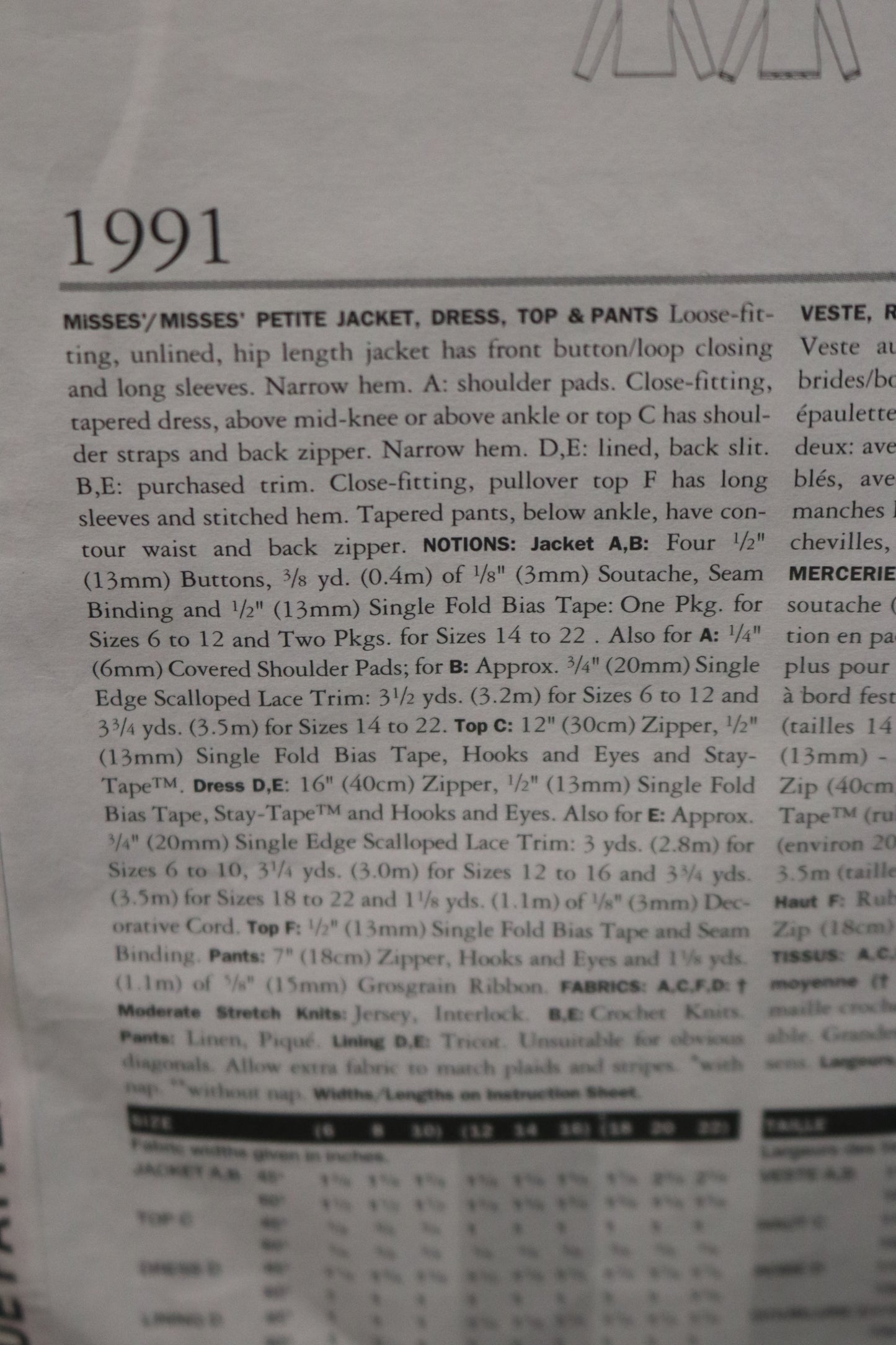 Vogue 1991 Misses / misses Petite jacket Dress Top Skirt and Pants Sewing Pattern - UNCUT - Size 6 8 10