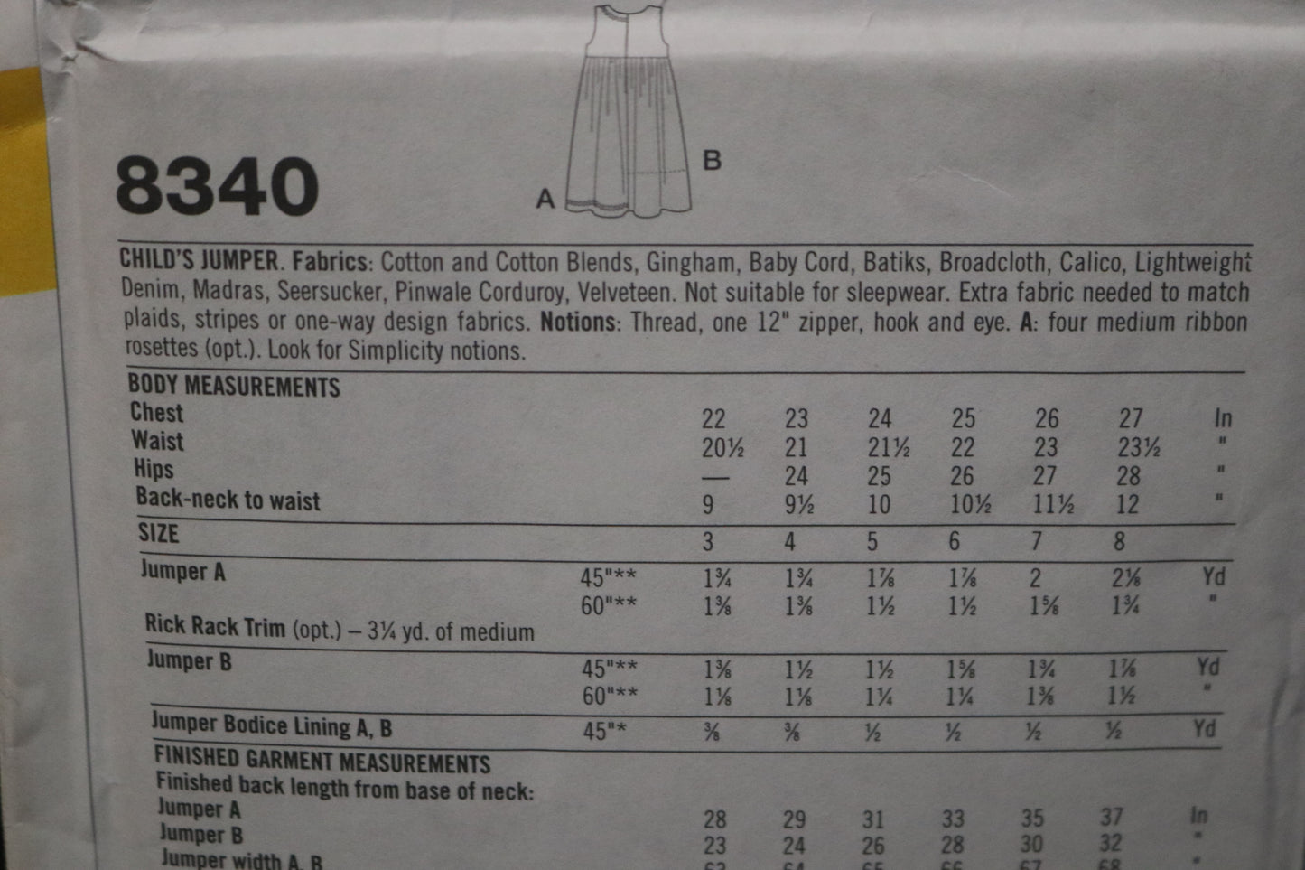 Simplicity 8340 Chilrens/Girls Jumper Sewing Pattern - UNCUT Size 3 4 5 6 7 8
