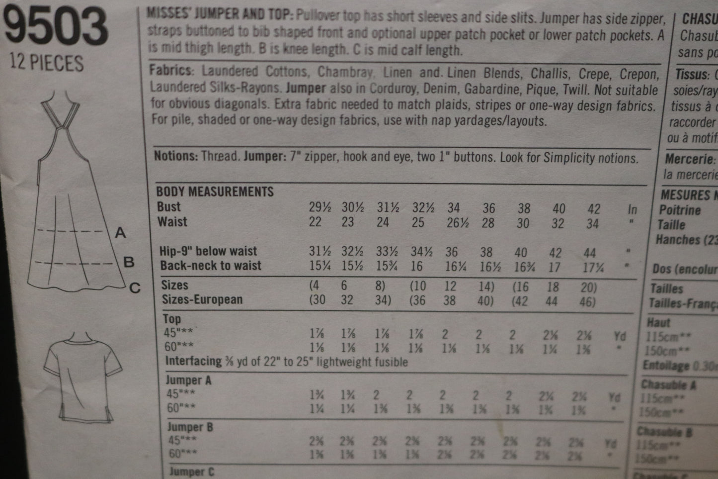 Simplicity 9503 MIsses Jumper and Top Sewing Pattern - UNCUT - Size 10 12 14