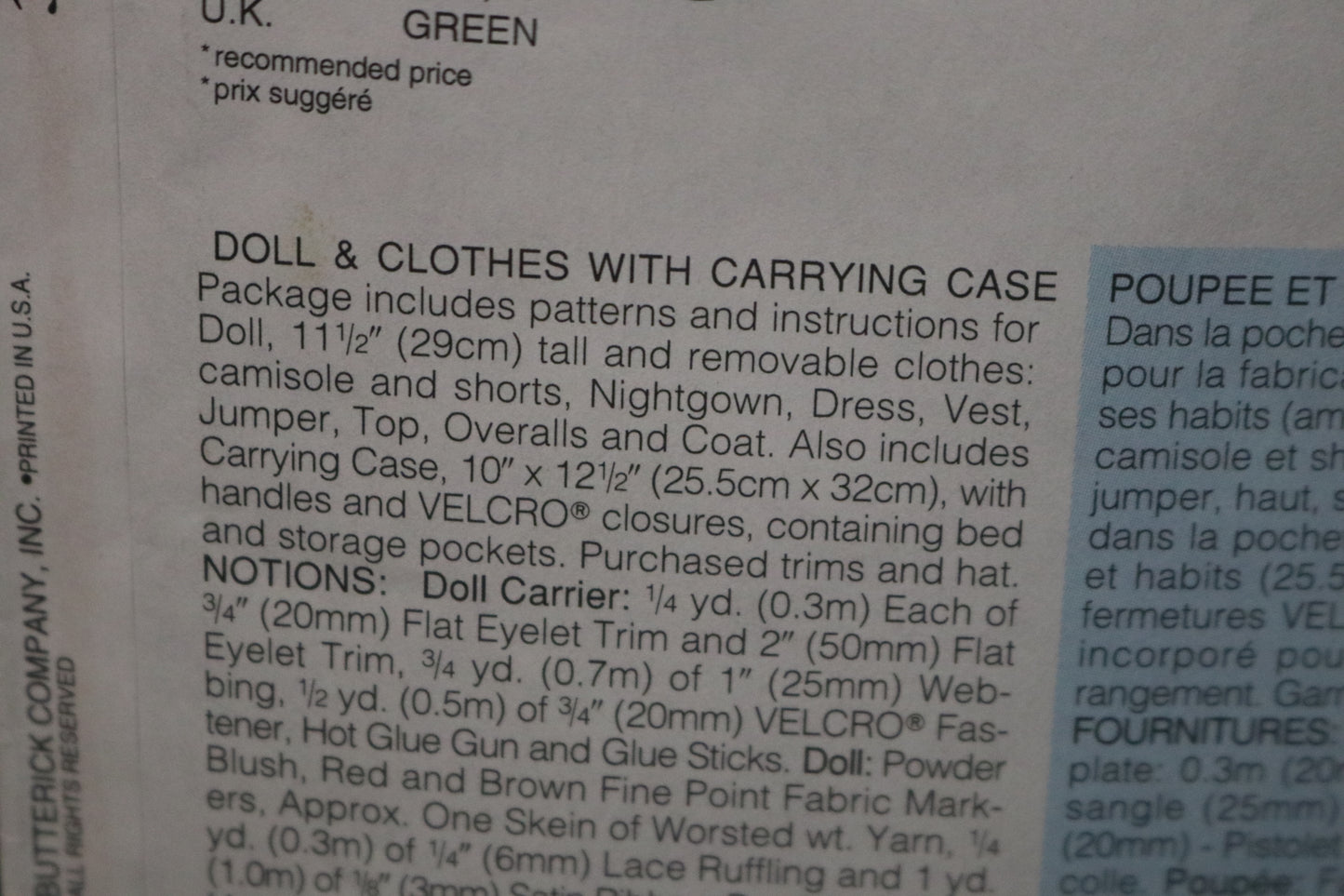 Butterick 3668 Doll and Clothes with Carrying Case Sewing Pattern UNCUT