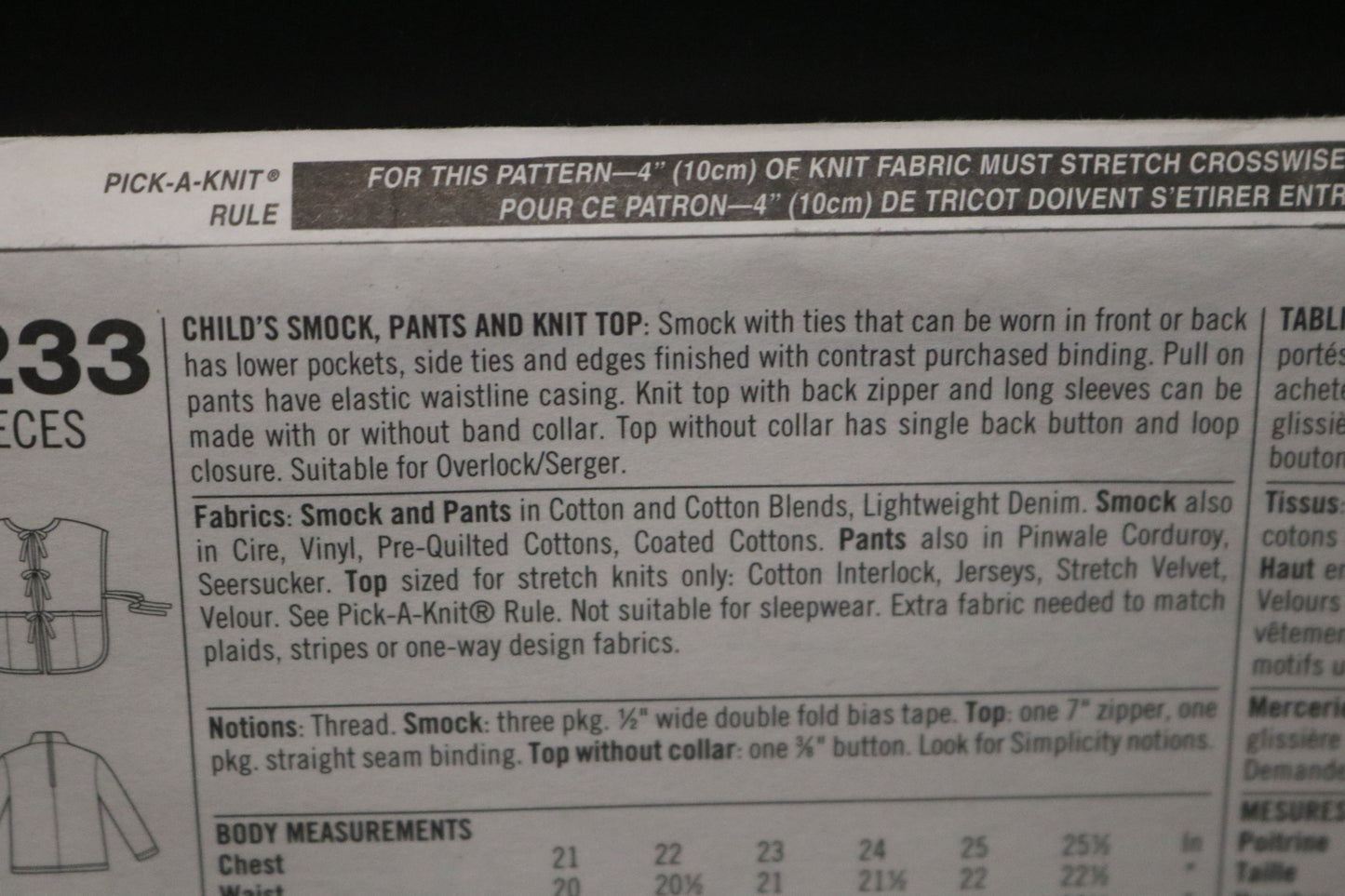 Simplicity 8233 Childs Smock Pants and knit Top Sewing Pattern - UNCUT Size 2 3 4 or Size 5 6 6X