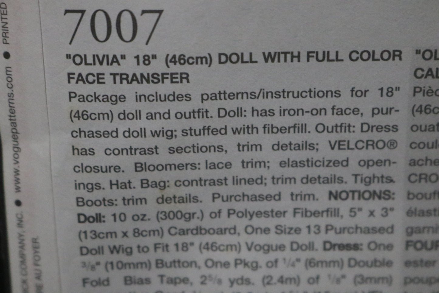 Vogue 7007 Linda Carr Olivia 18" Doll with Full Color Face Transfer Sewing Pattern UNCUT